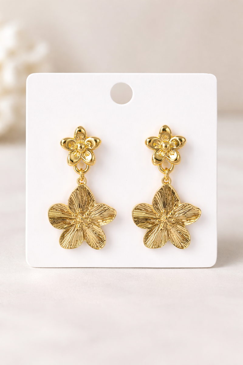 Golden Bloom Drop Earrings styled portrait shot — anti-tarnish floral earrings India — SIOBHÁN