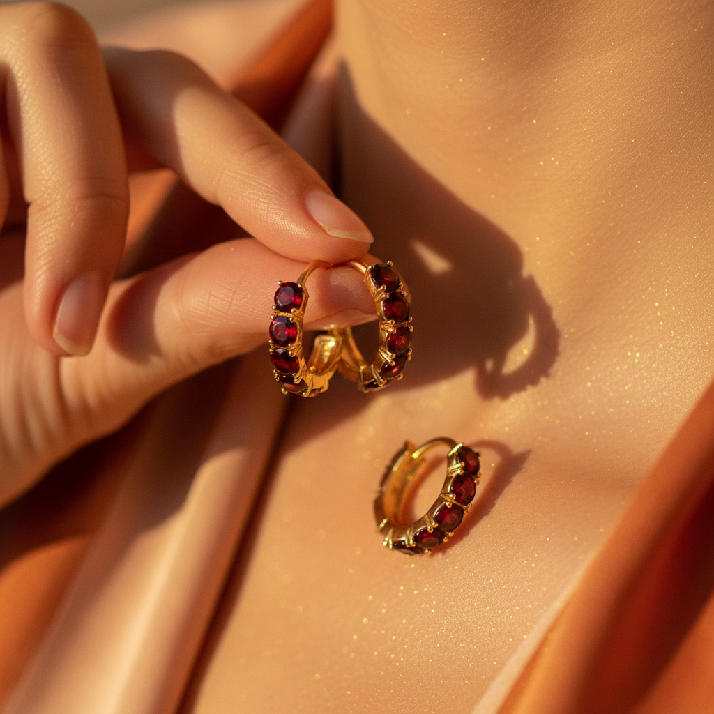 Rose Gold Huggie Hoops with Garnet CZ Stones