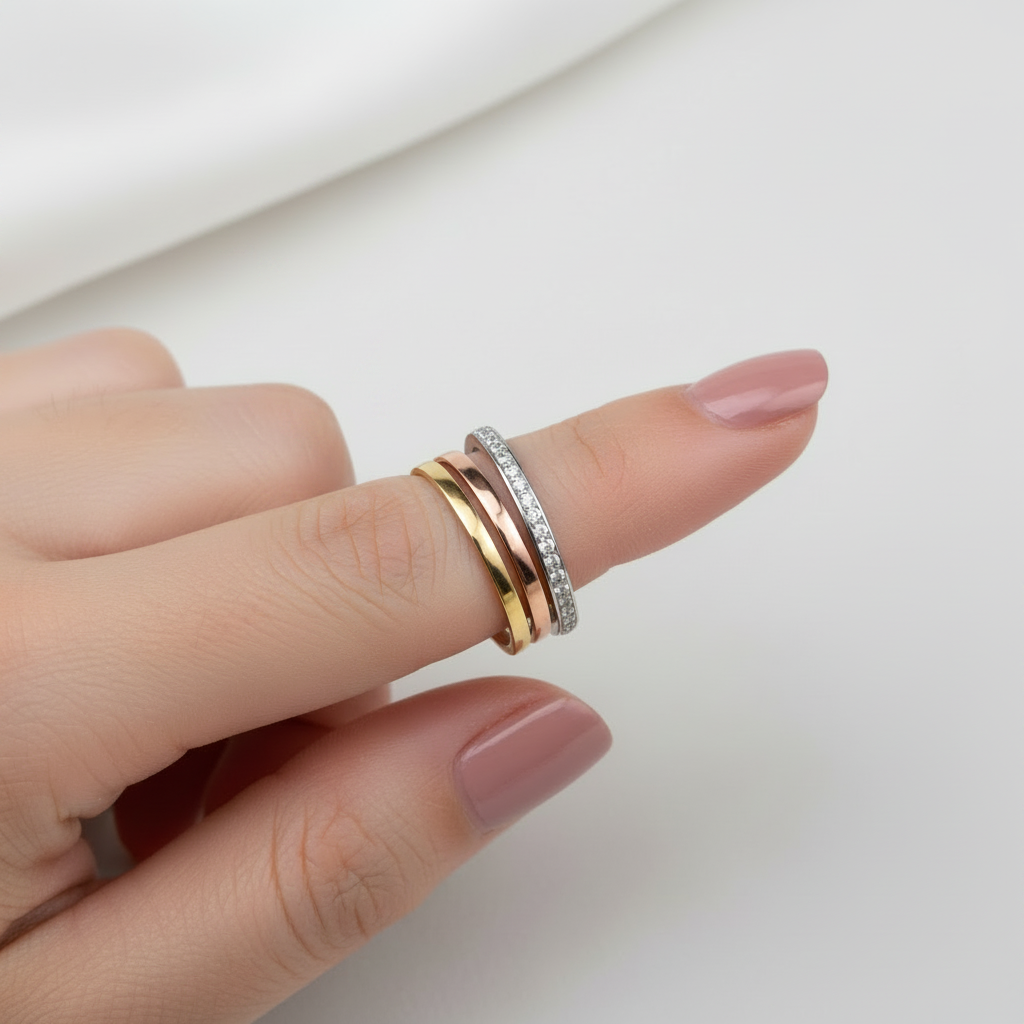 3-Tone CZ Eternity & Plain Band Ring Stack Set