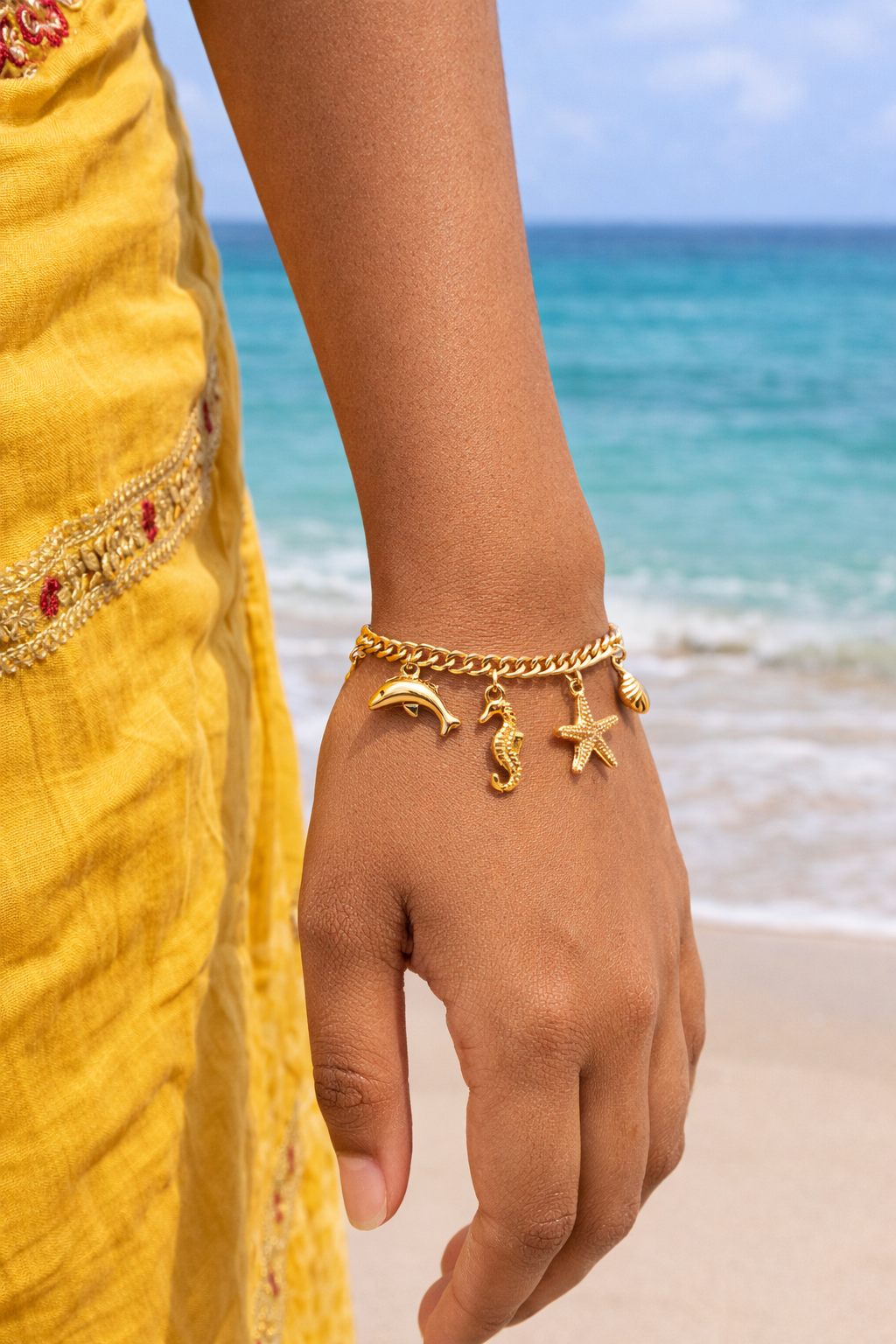 Ocean Charm Gold Bracelet close-up charms — skin-safe gold bracelet India — SIOBHÁN