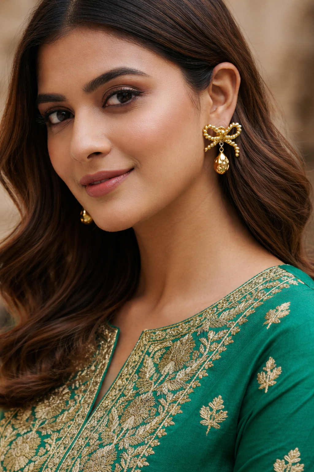 Gold Bow Tear Drop Earrings styled shot — waterproof gold earrings India — SIOBHÁN