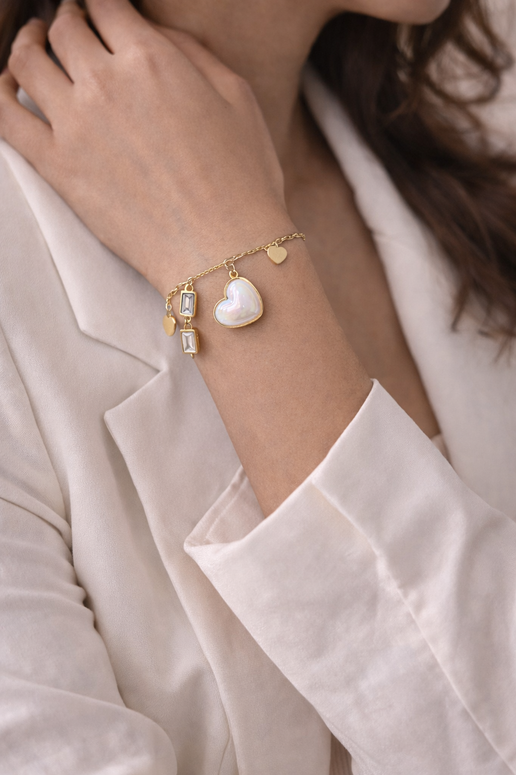 Golden Heart Dual Charm Bracelet product shot — anti-tarnish heart bracelet India — SIOBHÁN