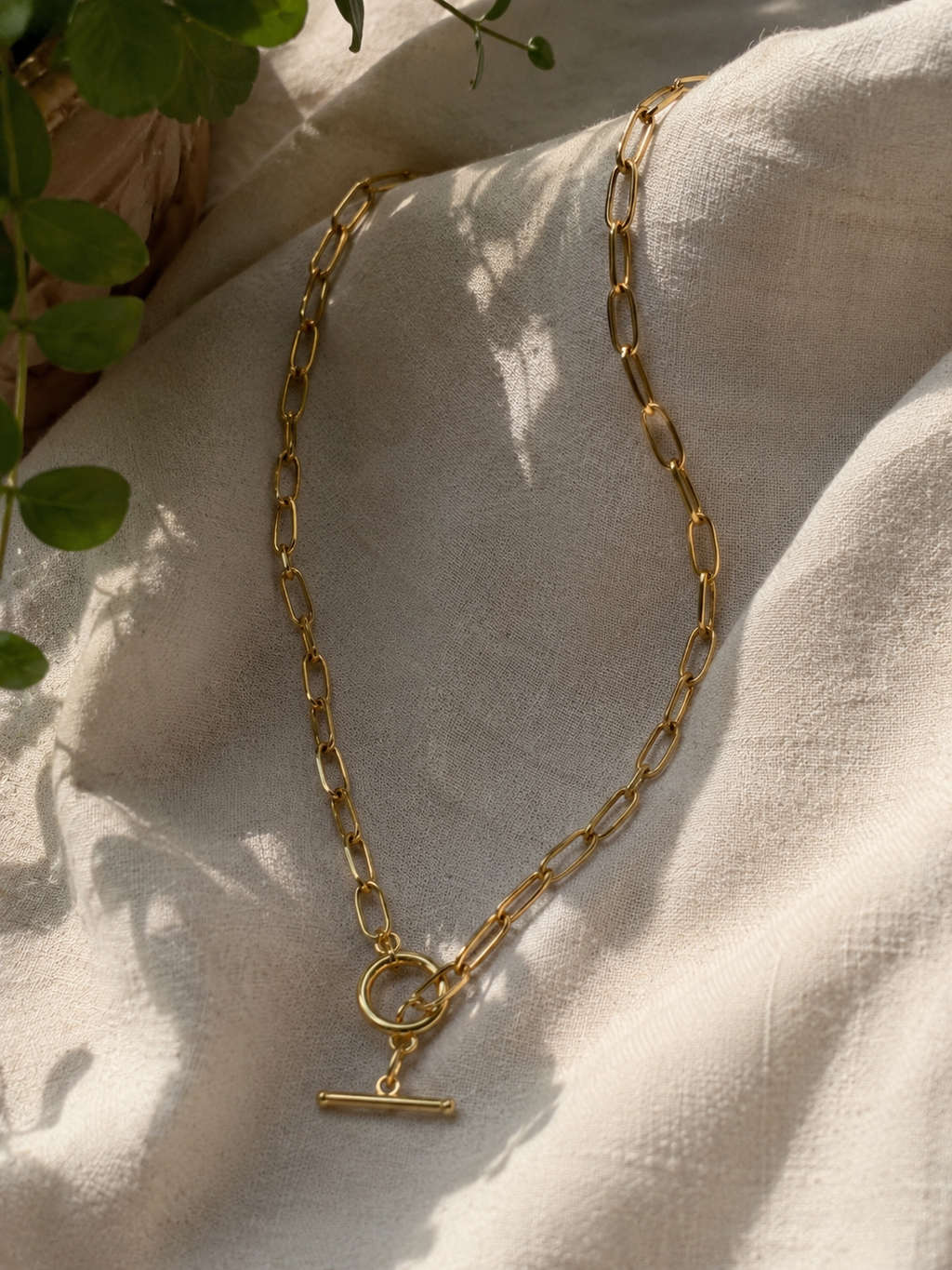 Gold Paperclip Chain Necklace with T-Bar Toggle — anti-tarnish gold necklace India — SIOBHÁN
