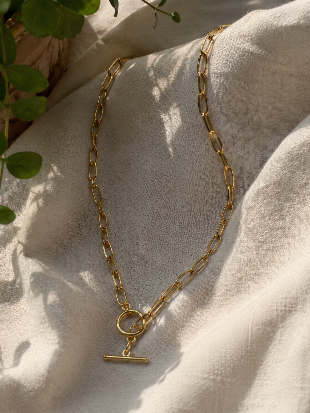 Gold Paperclip Chain Necklace with T-Bar Toggle — anti-tarnish gold necklace India — SIOBHÁN