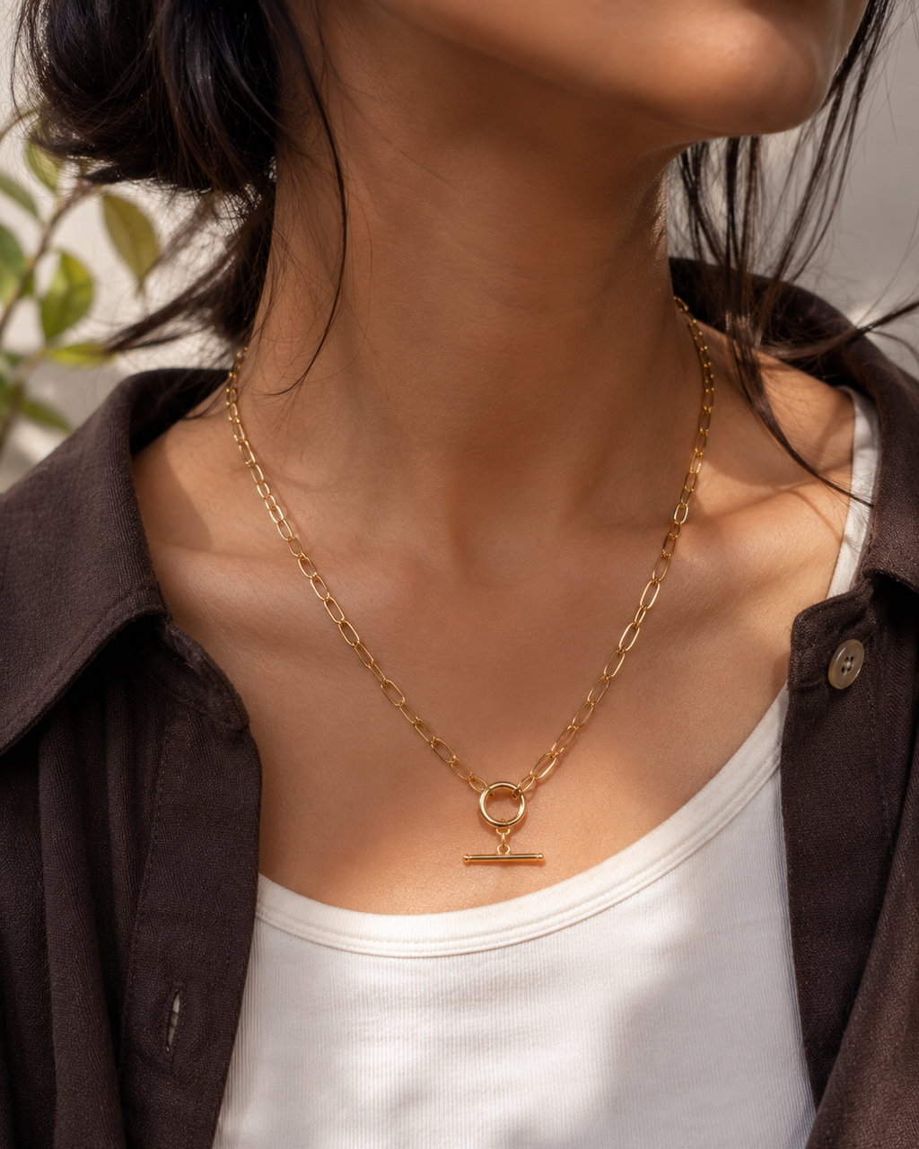 Gold Paperclip Chain Necklace with T-Bar Toggle on model — gold necklace India — SIOBHÁN