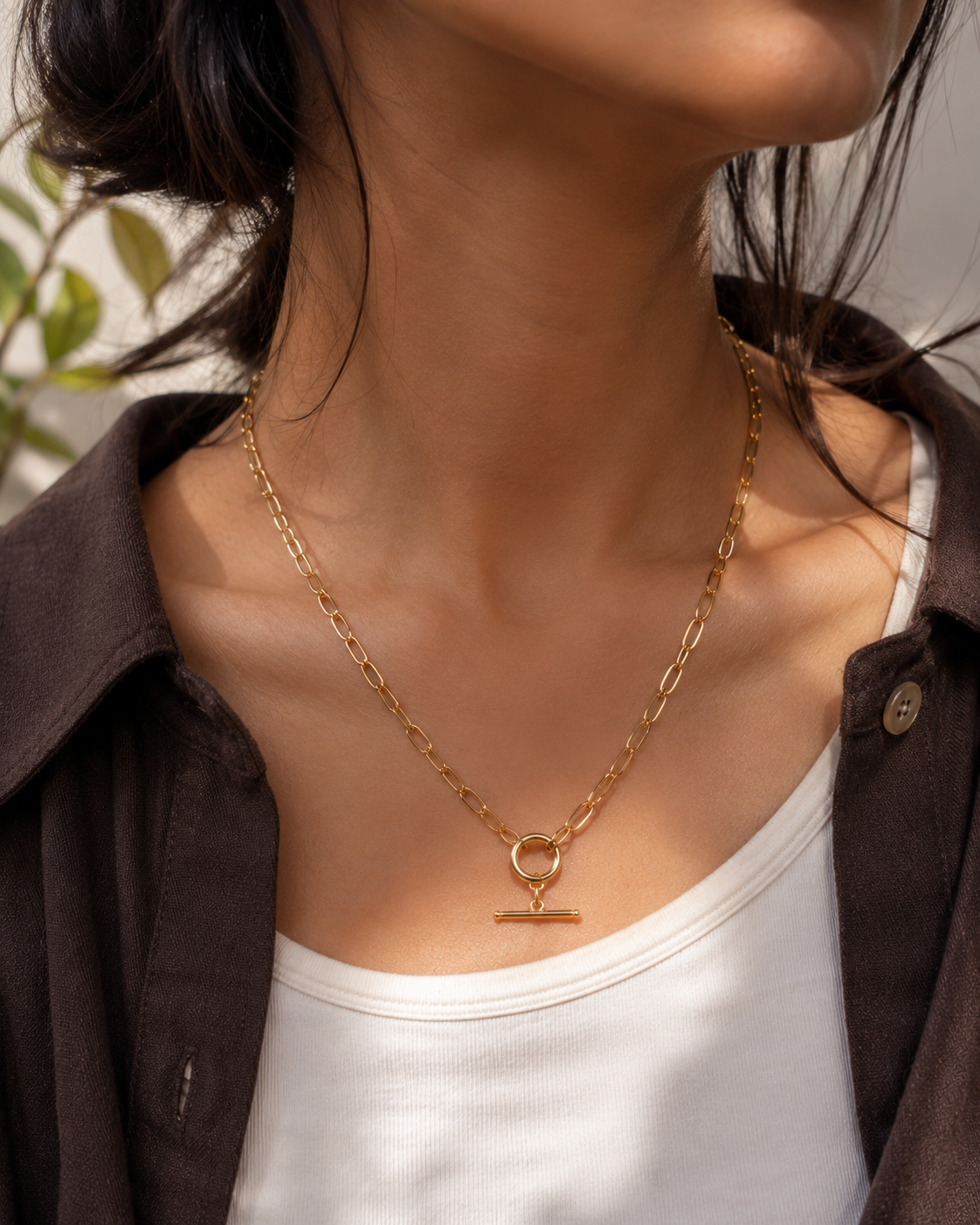 Gold Paperclip Chain Necklace with T-Bar Toggle on model — gold necklace India — SIOBHÁN