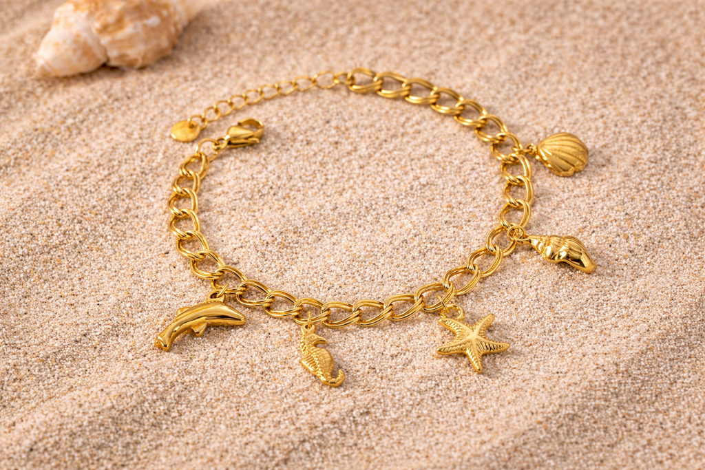 Ocean Charm Gold Bracelet styled shot — anti-tarnish ocean bracelet India — SIOBHÁN