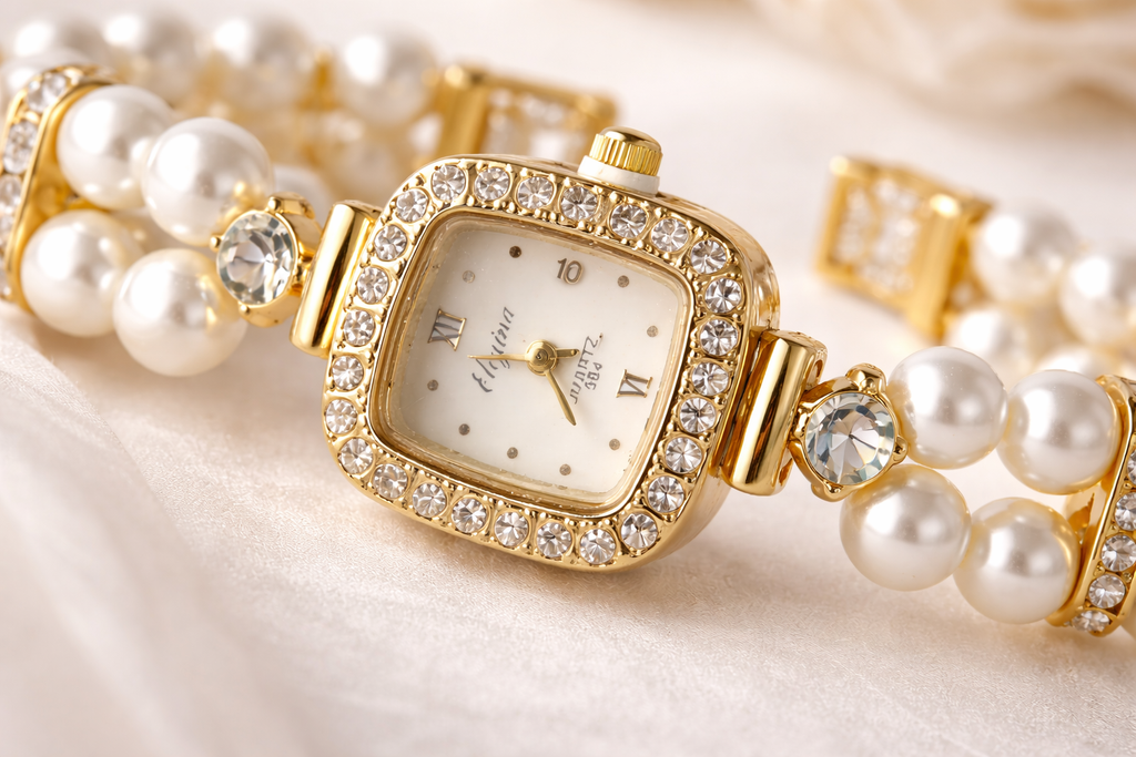 Pearl Elegance Bracelet Watch product shot — anti-tarnish pearl watch India — SIOBHÁN