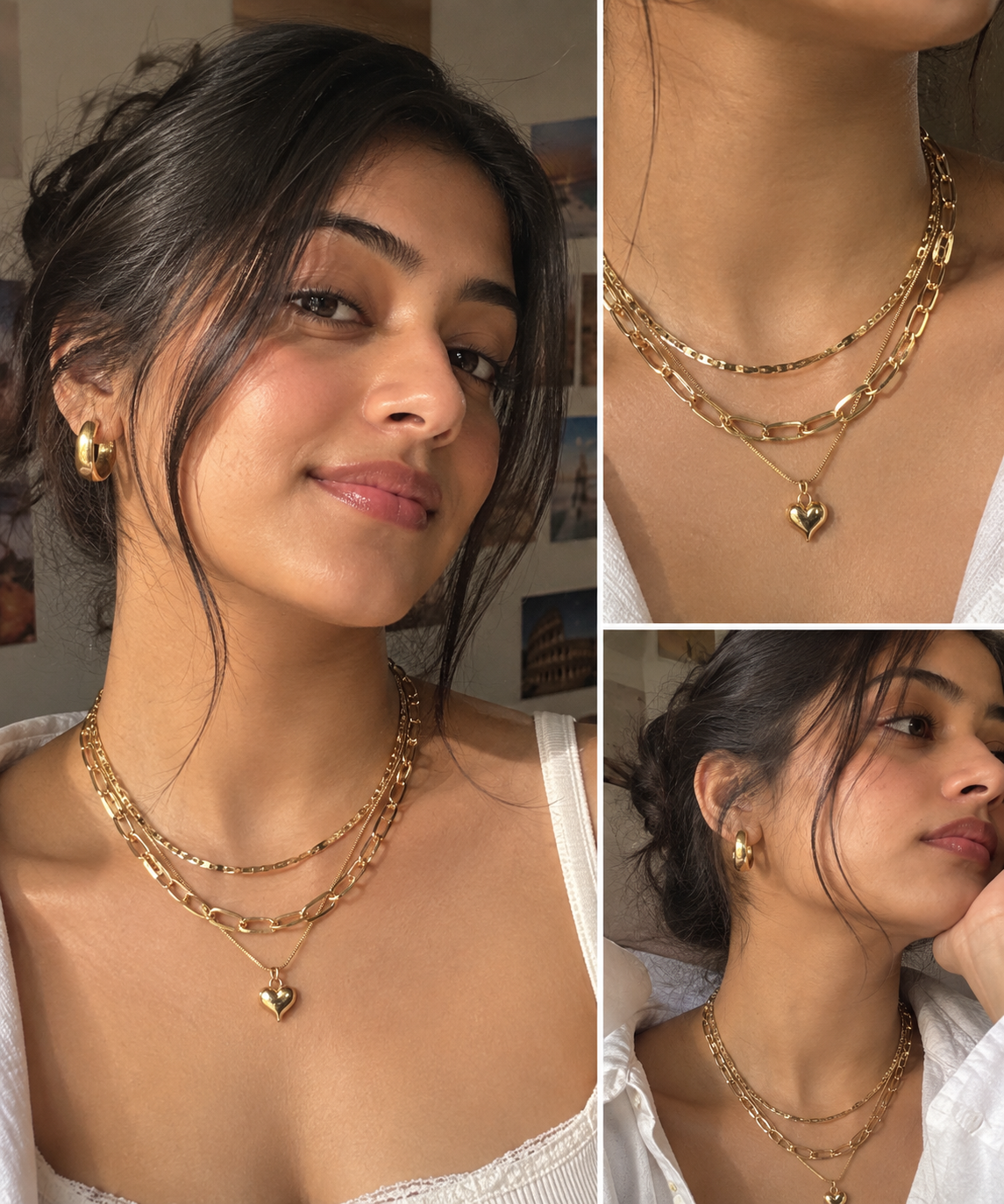 Golden Heart Layered Chain Necklace close-up of heart pendant detail