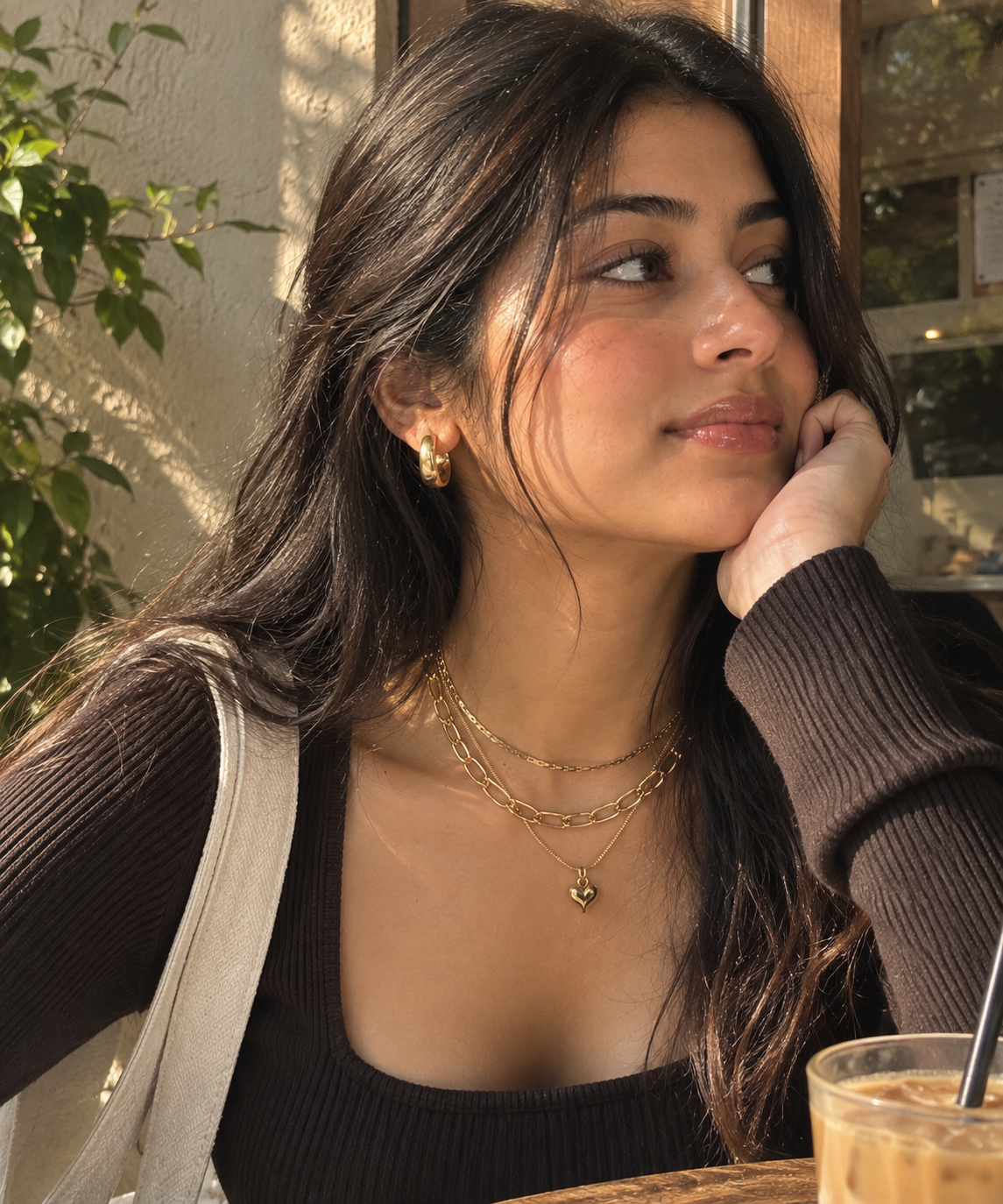 Golden Heart Layered Chain Necklace styled on model — anti-tarnish gold necklace by SIOBHÁN