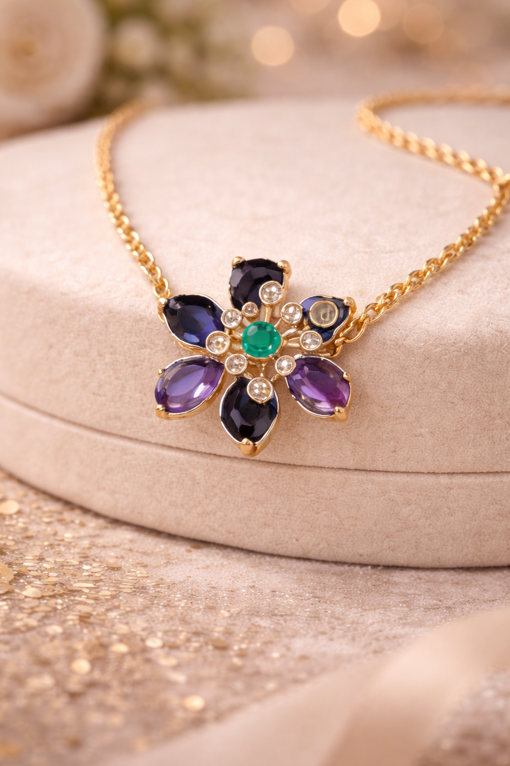 Bohemian Crystal Flower Necklace styled shot — anti-tarnish gold necklace India — SIOBHÁN