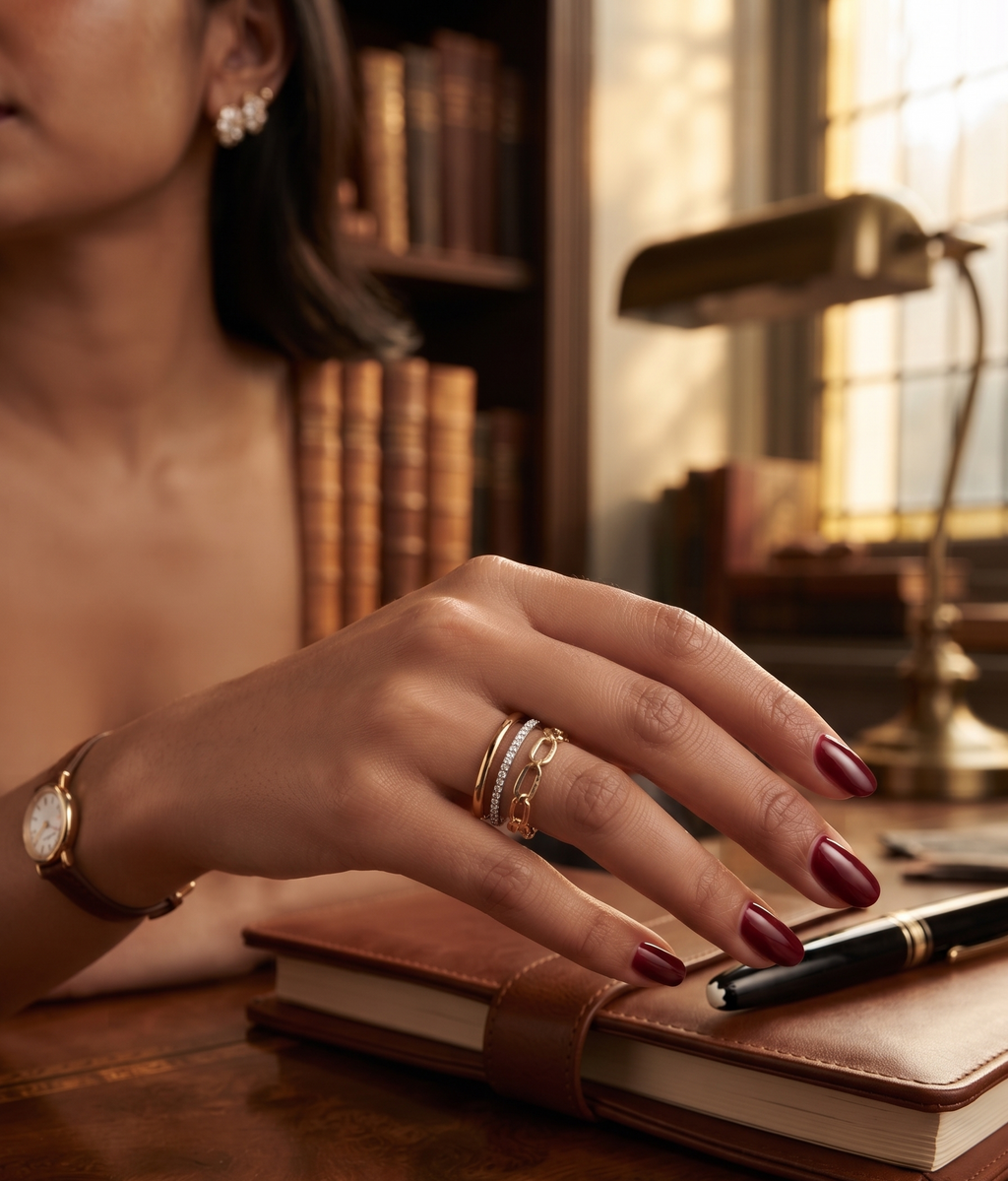 Chain-Link Ring Stack close-up — gold ring set India — SIOBHÁN