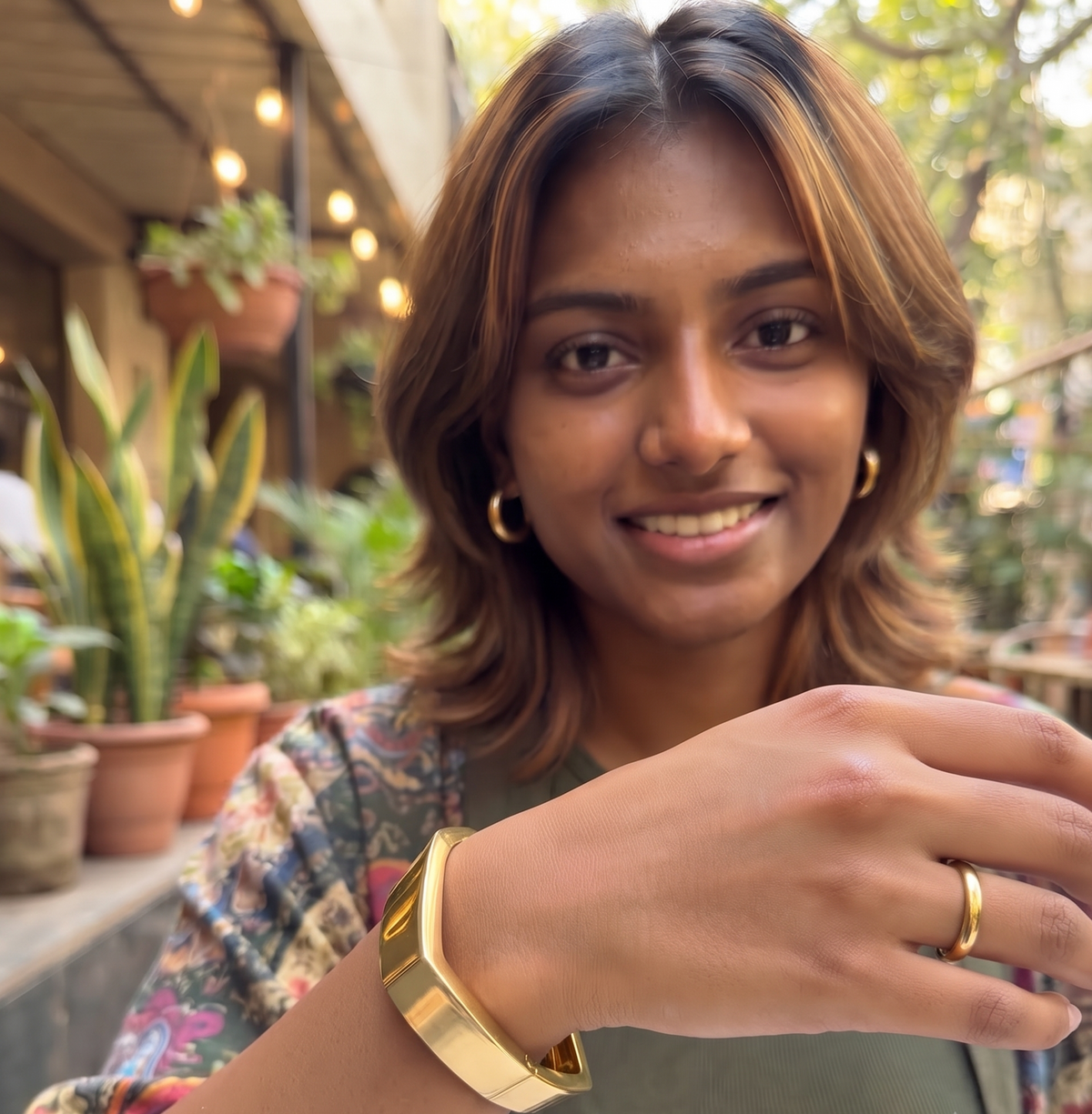 Sculpted Gold Cuff Bracelet worn on wrist — anti-tarnish 18K gold cuff by SIOBHÁN