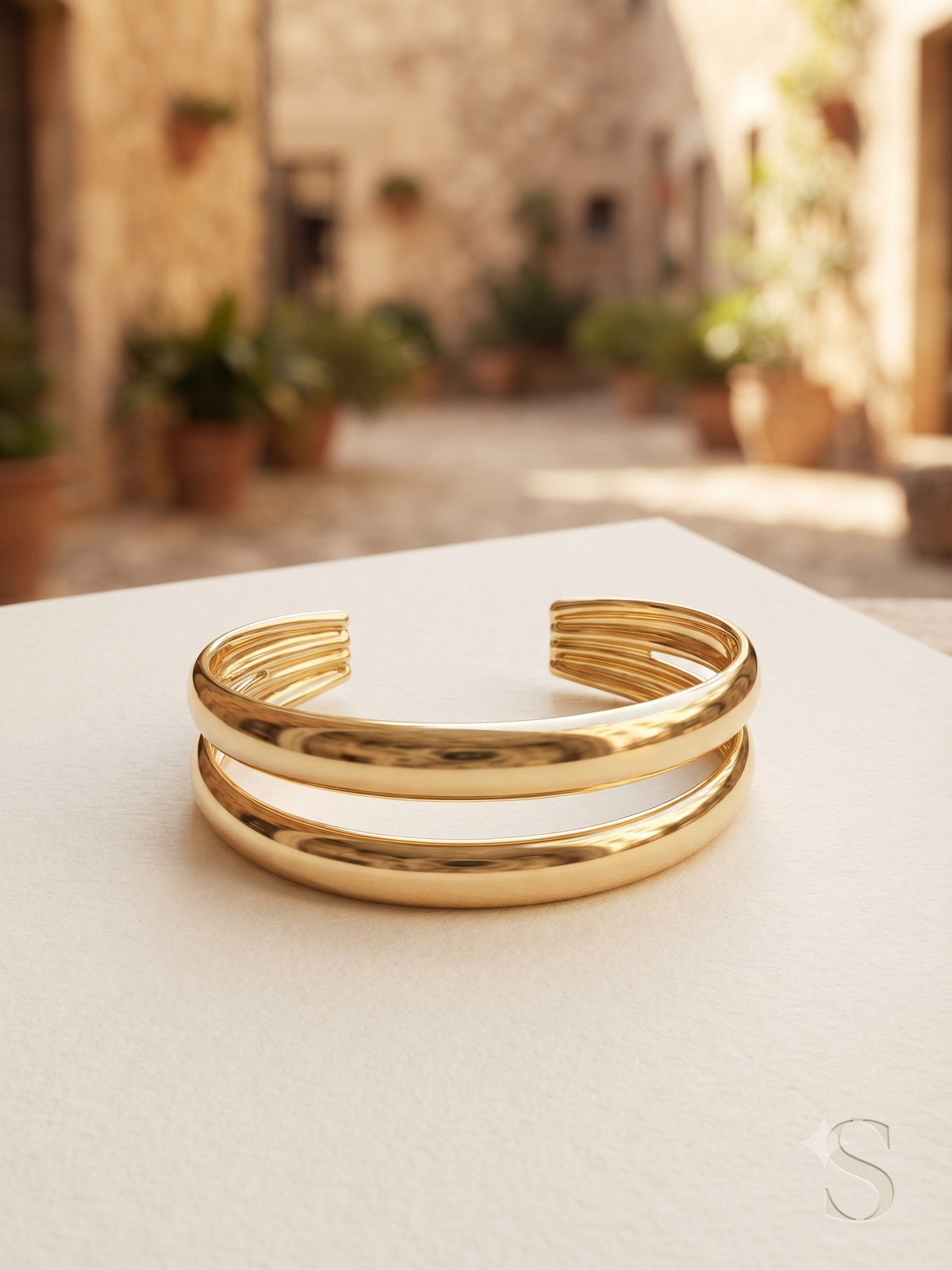 Double Band Gold Cuff Bracelet on wrist — anti-tarnish gold cuff India — SIOBHÁN