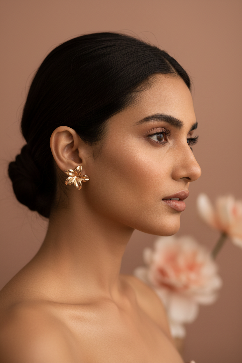 Gold Flower Earrings real product photo — anti-tarnish floral earrings India — SIOBHÁN