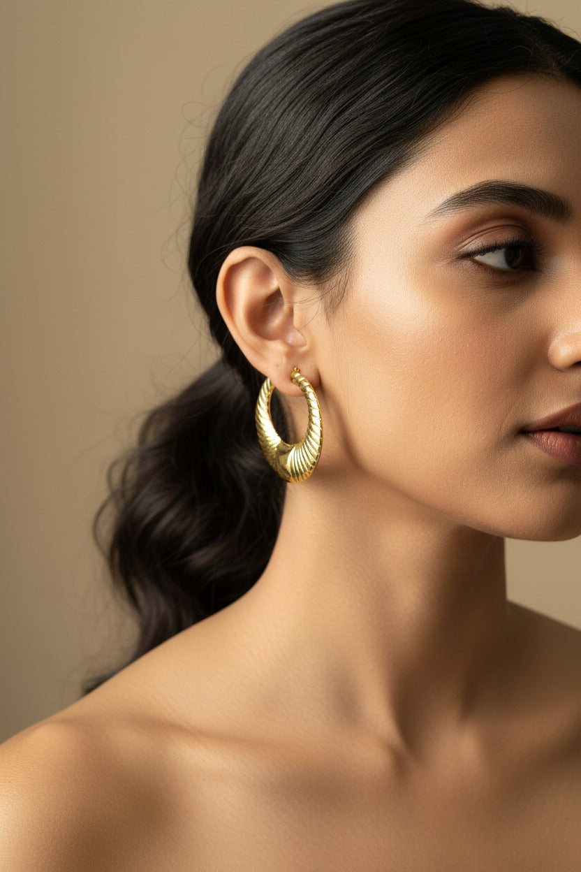 Ribbed Gold Hoops close-up real photo — anti-tarnish ribbed hoops India — SIOBHÁN