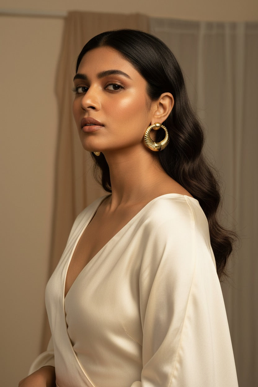 Ribbed Gold Hoops real product photo — waterproof gold hoops India — SIOBHÁN