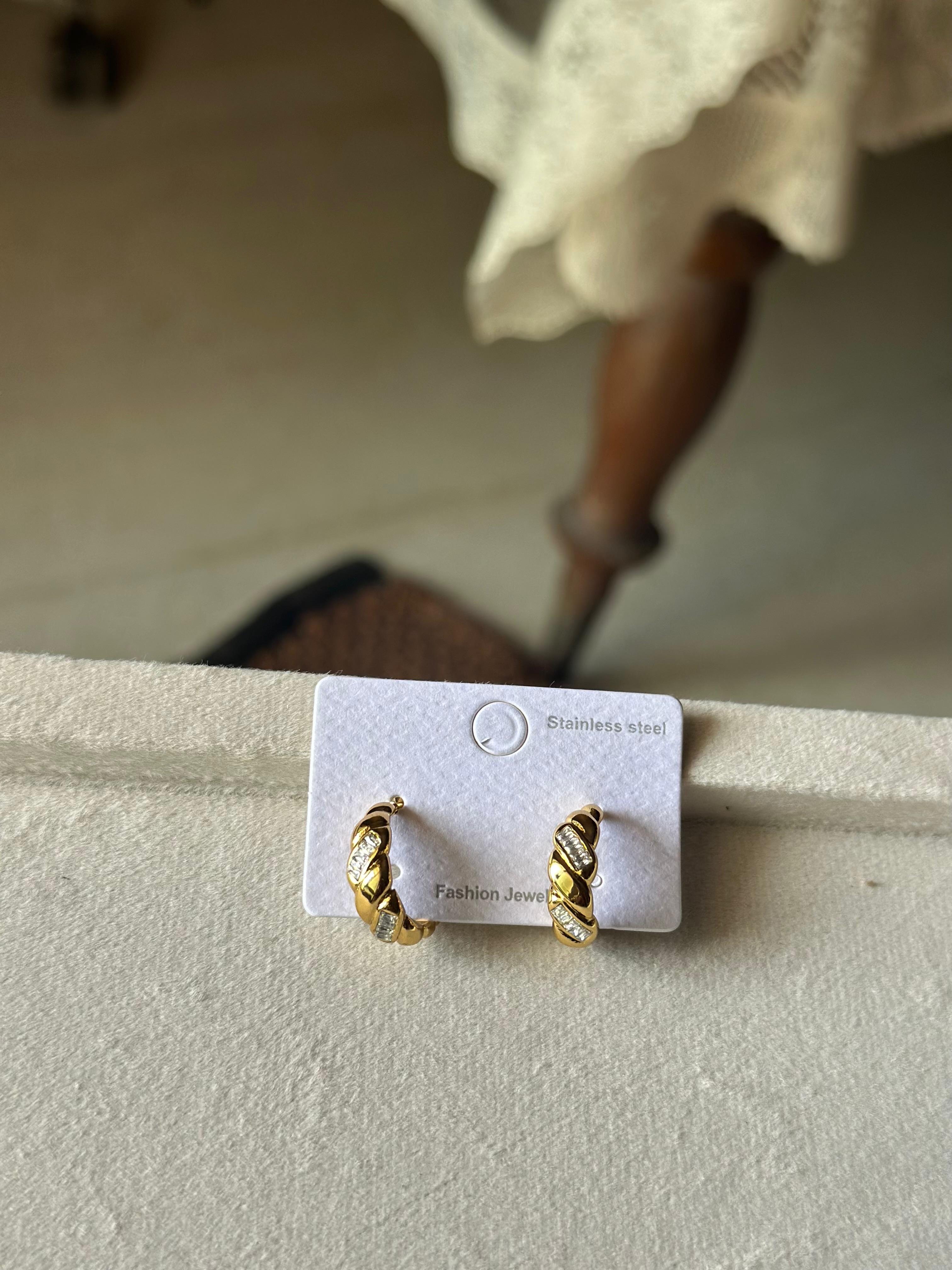 Gold Twisted Rope CZ Huggie Hoops