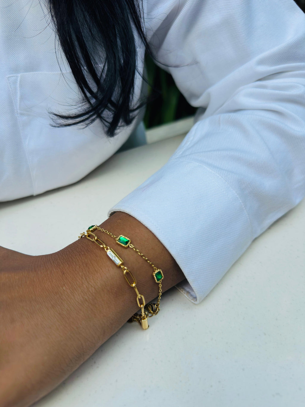 Gold Emerald Green Baguette Station Bracelet