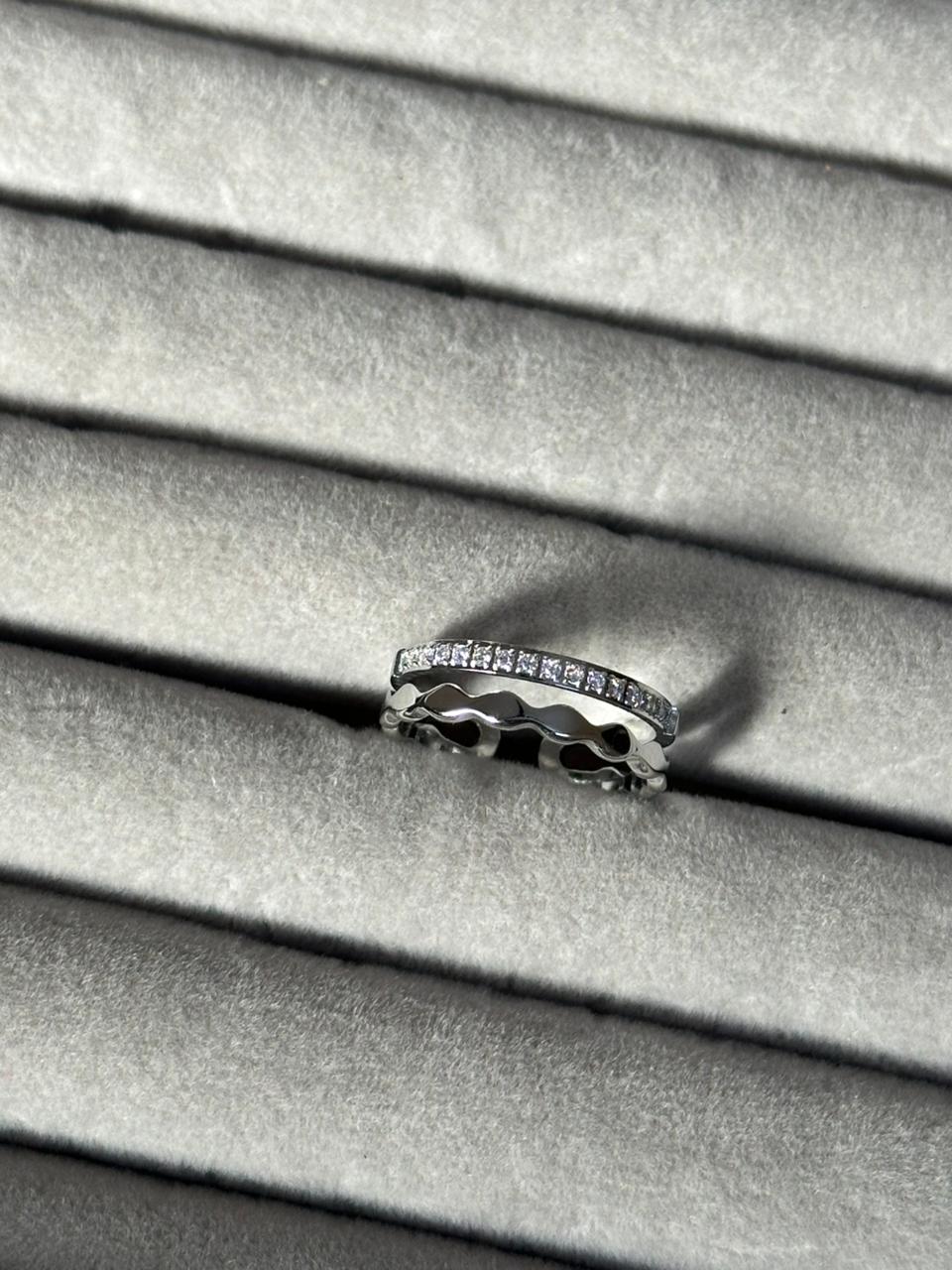 Pavé & Wave Double Band Ring — Silver