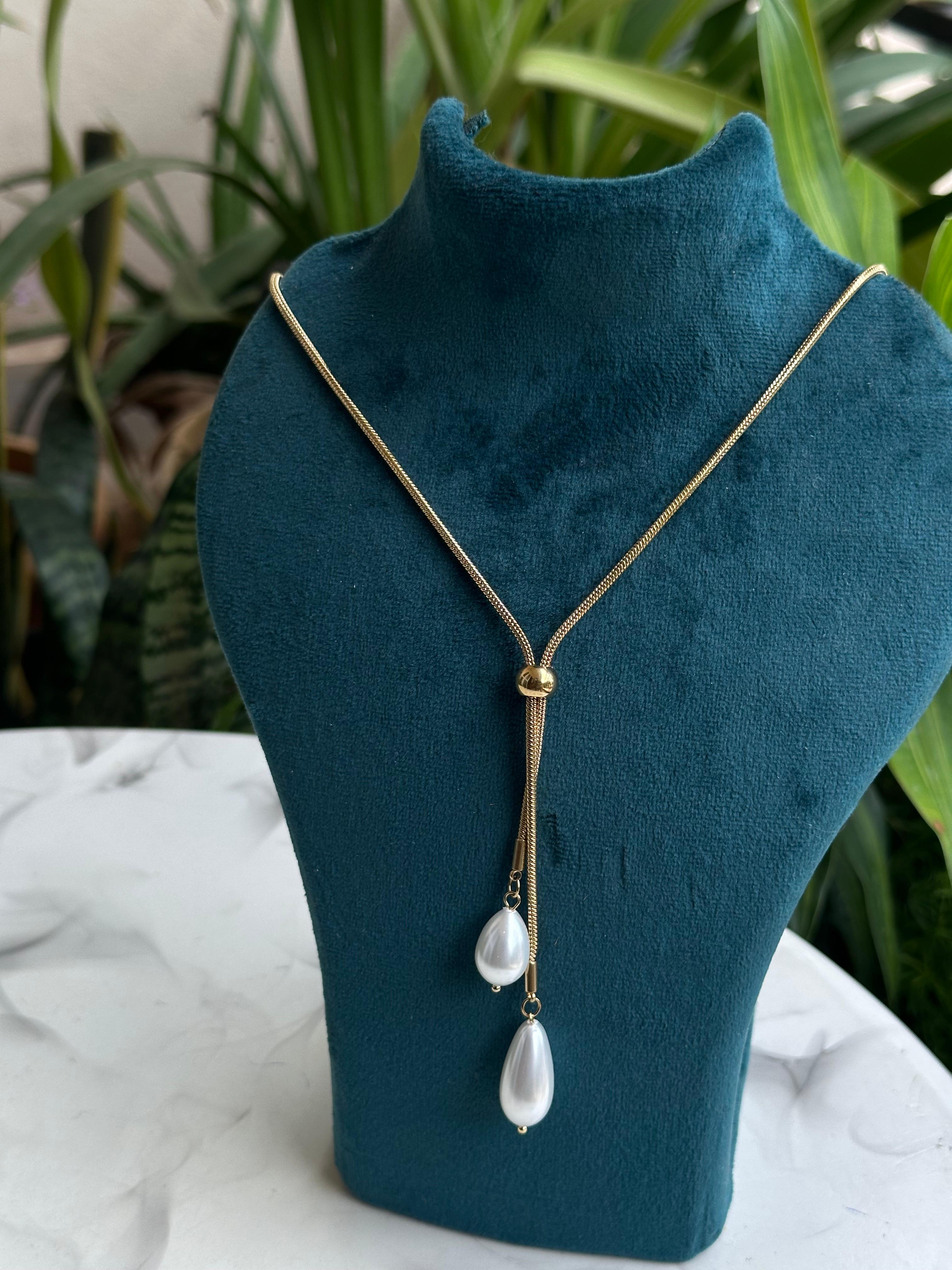 Gold Snake Chain Lariat Necklace with Pearl Drops