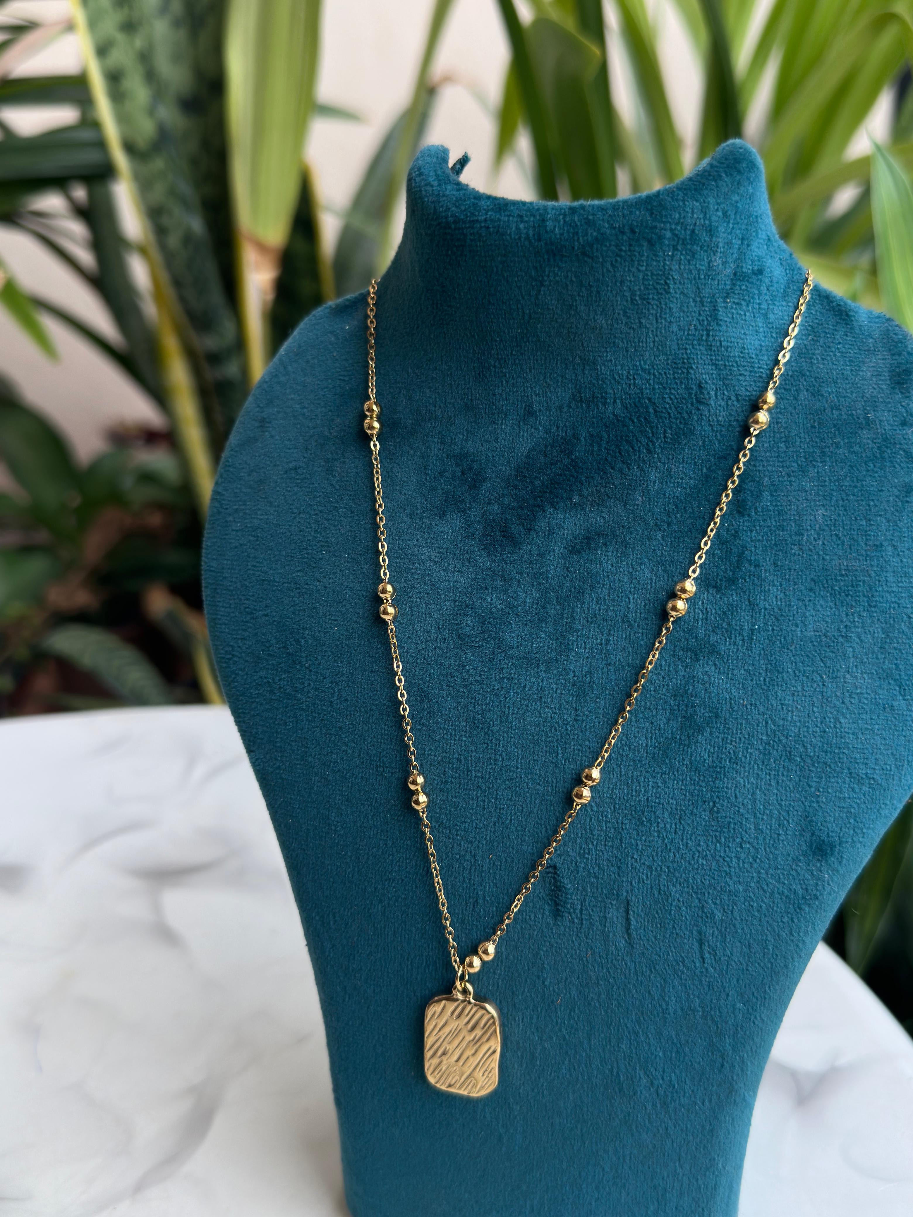Gold Satellite Chain Necklace with Hammered Tag Pendant