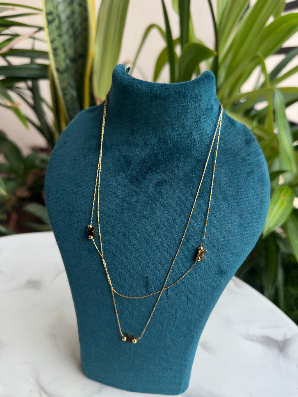Double Layer Gold Chain Necklace with Butterfly Charms