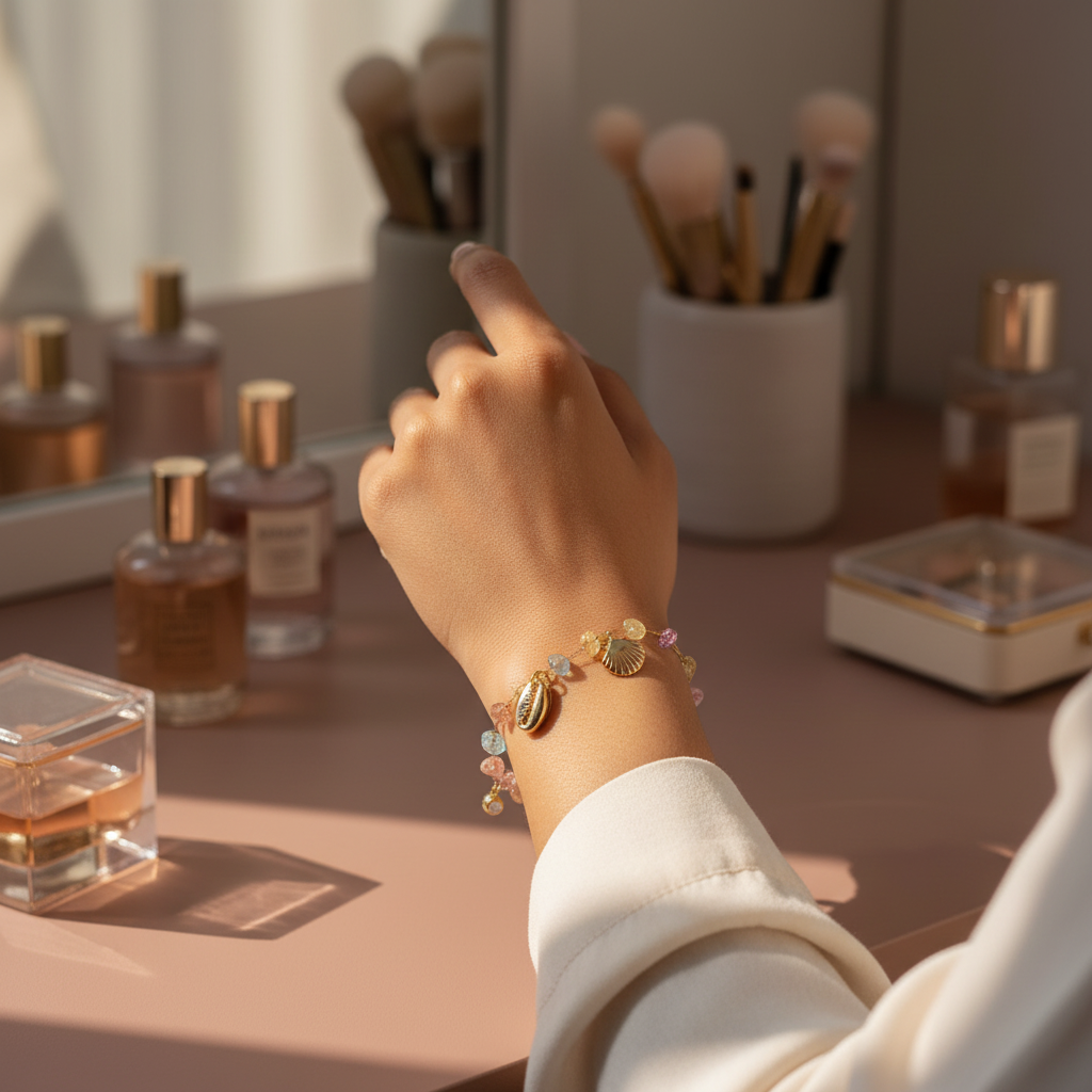 Coastal Gemstone Charm Bracelet aesthetic wrist vanity moment — skin-safe gold bracelet India — SIOBHÁN