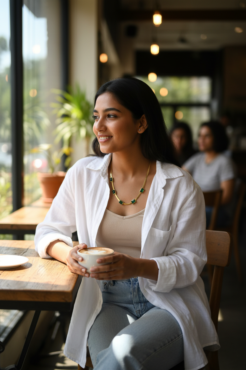 Square Green Zircon Gold Chain at coffee shop natural window light — anti-tarnish zircon necklace India — SIOBHÁN