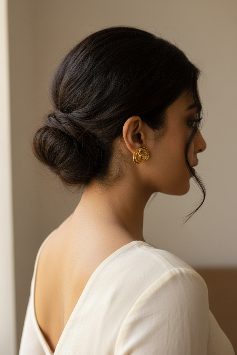 Golden Rose Studs back angle view — anti-tarnish rose stud earrings India — SIOBHÁN