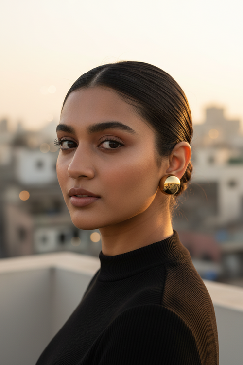 Gold Dome Stud Earrings rooftop lifestyle shot — waterproof gold earrings India — SIOBHÁN