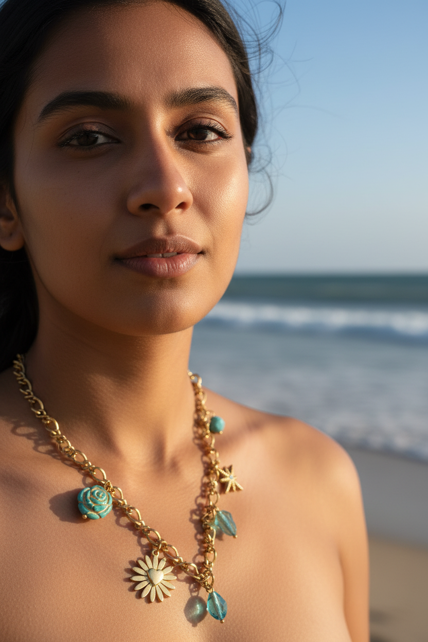Turquoise Bloom Charm Necklace beach close-up exact design — anti-tarnish turquoise necklace India — SIOBHÁN
