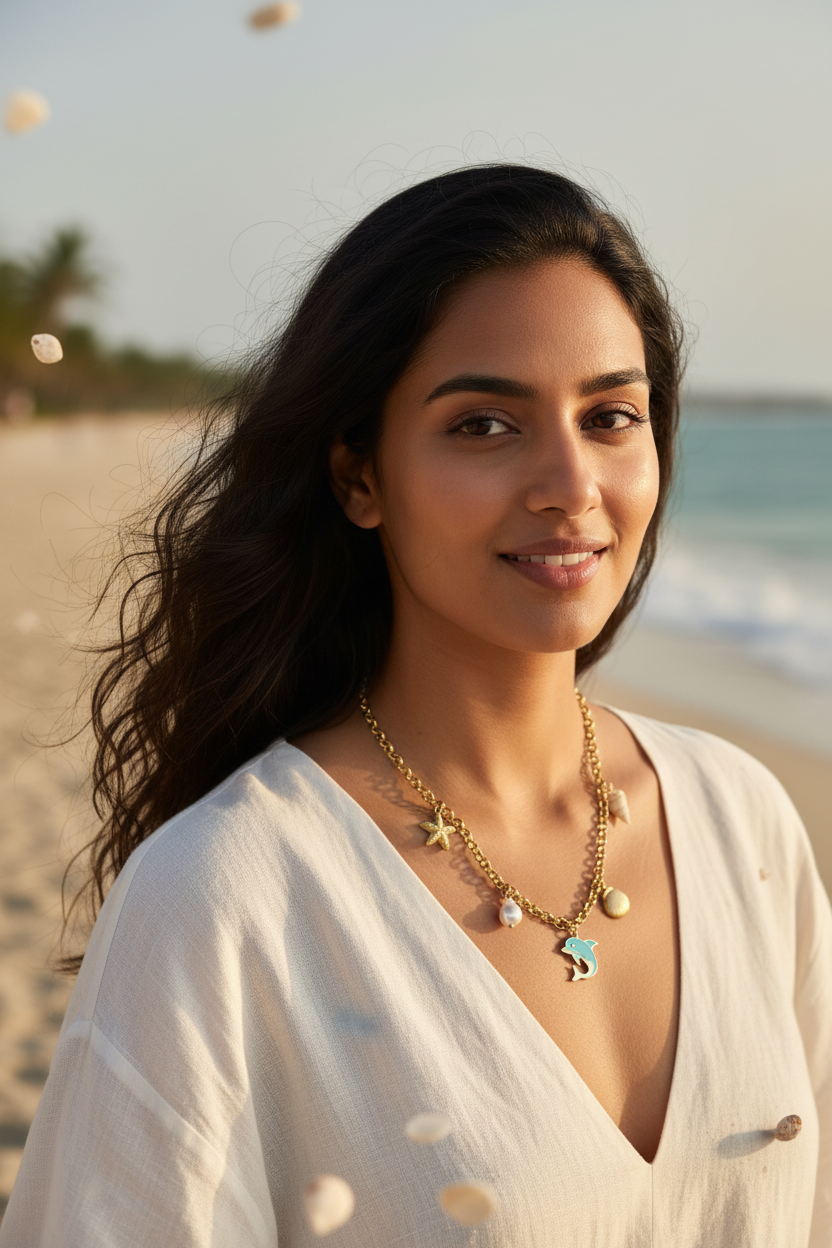 Ocean Luxe Charm Necklace beach close-up ocean background — waterproof gold necklace India — SIOBHÁN