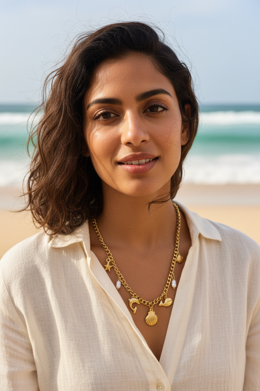 Ocean Luxe Charm Necklace beach close-up sand and waves — waterproof necklace India — SIOBHÁN