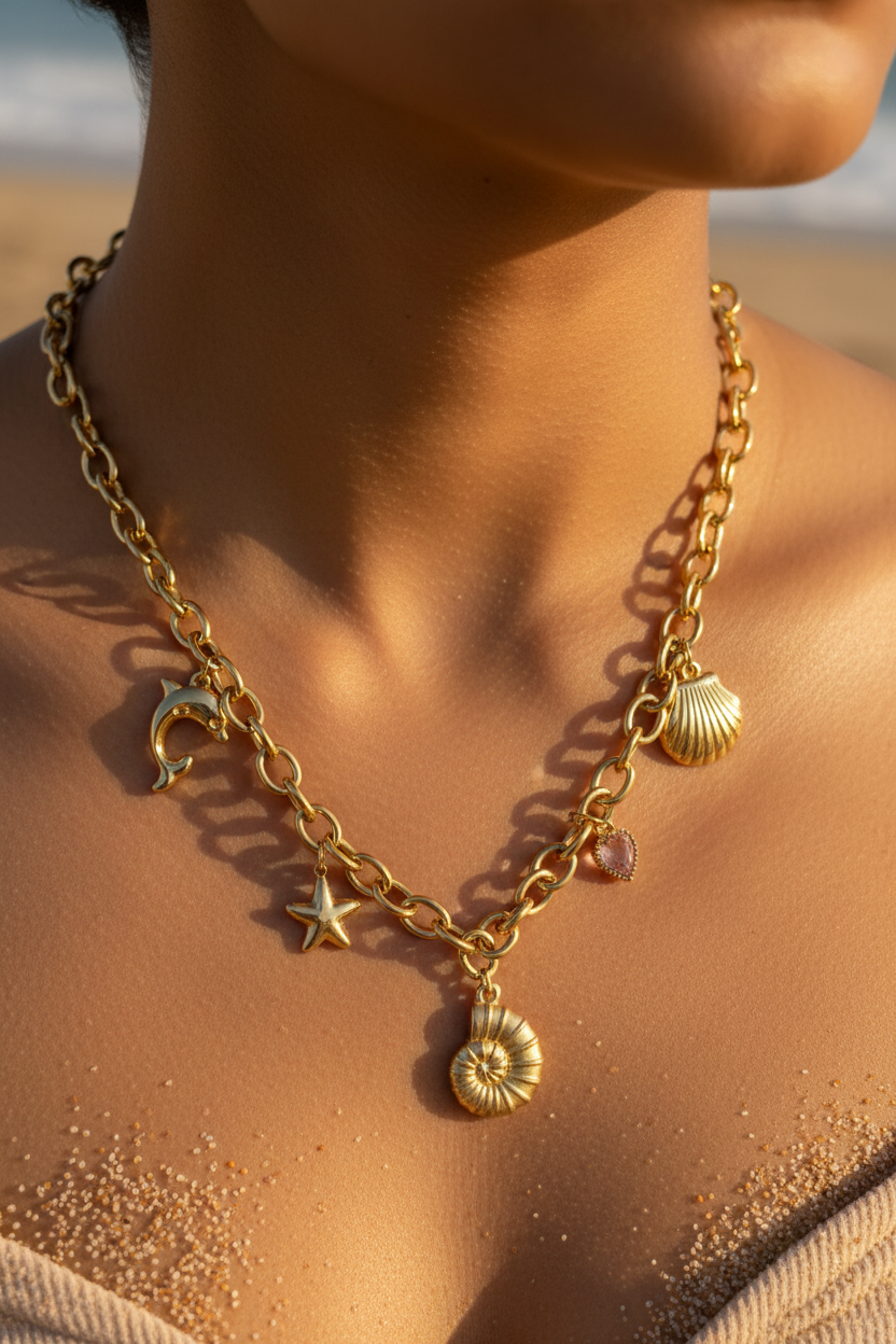 Ocean Charm Necklace beach extreme close-up charm details — anti-tarnish ocean necklace India — SIOBHÁN