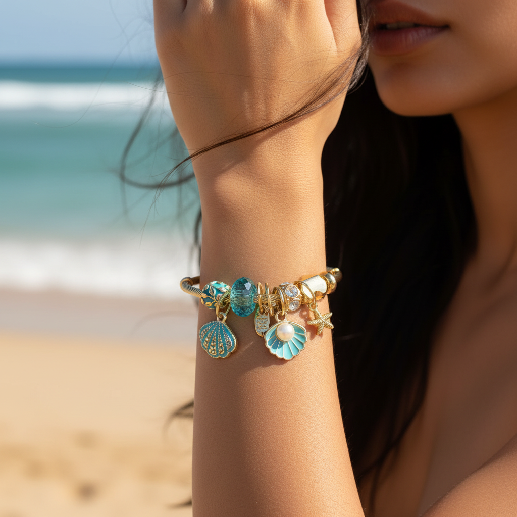 Beach portrait hand close-up with Mermaid's Treasure Charm Bracelet — anti-tarnish bracelet India — SIOBHÁN