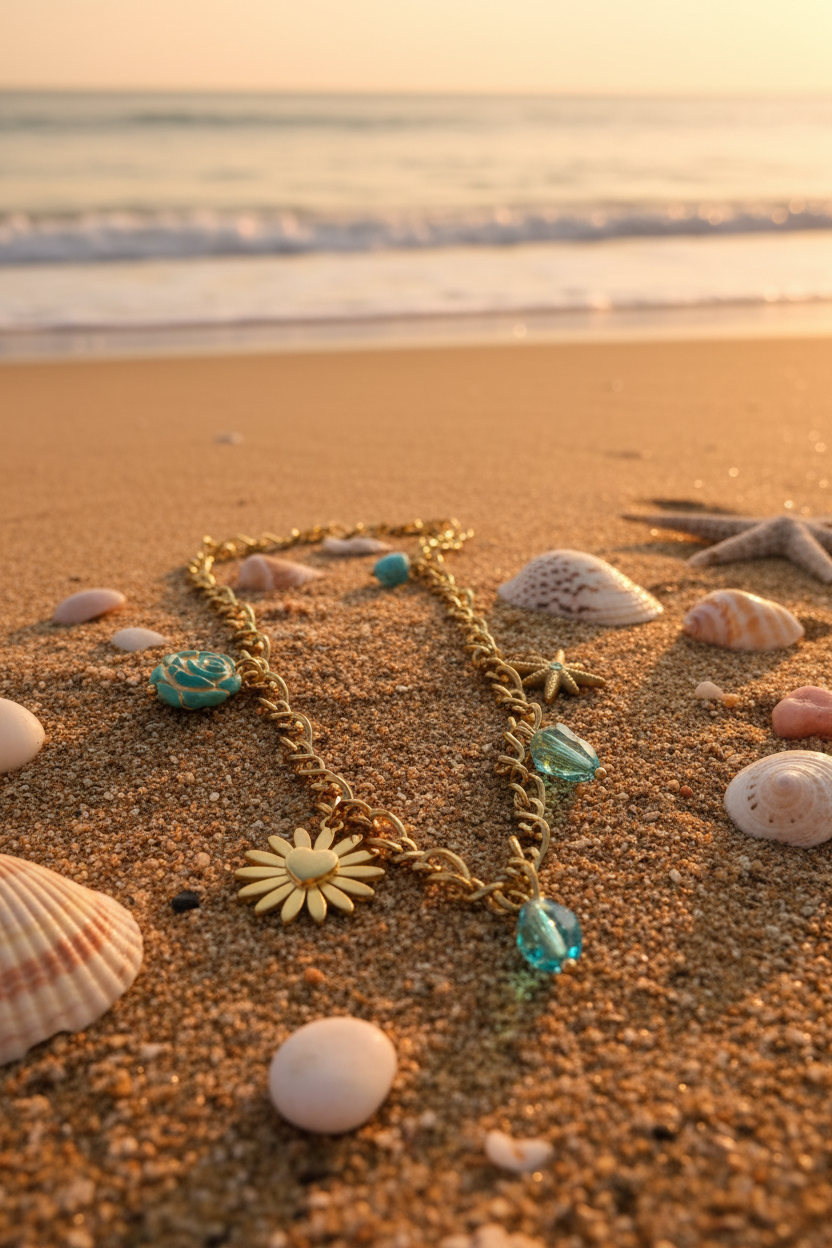 Turquoise Bloom Charm Necklace beach sand with seashells golden hour — anti-tarnish gold necklace India — SIOBHÁN