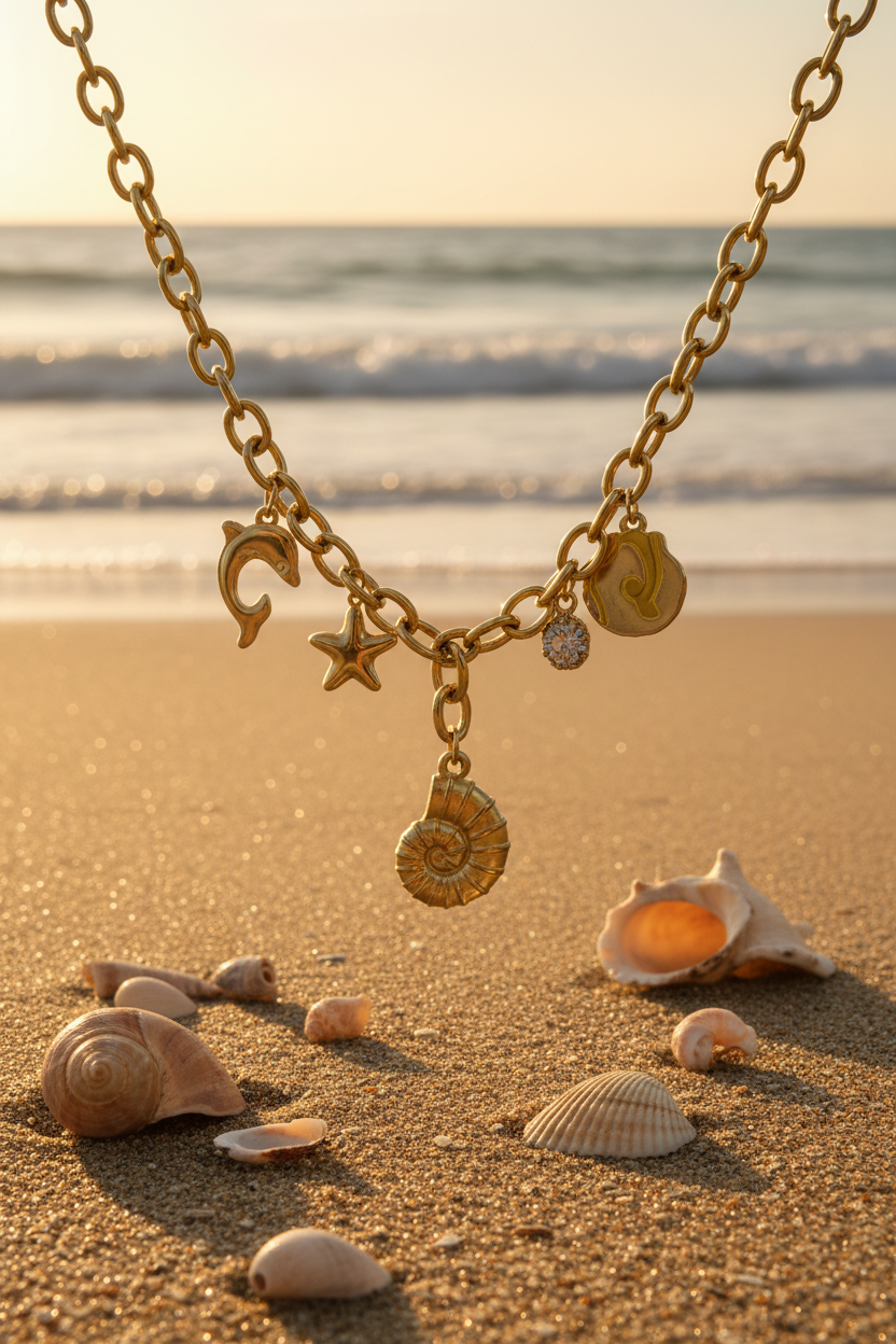 Ocean Charm Necklace beach sand with seashells golden hour — anti-tarnish gold necklace India — SIOBHÁN