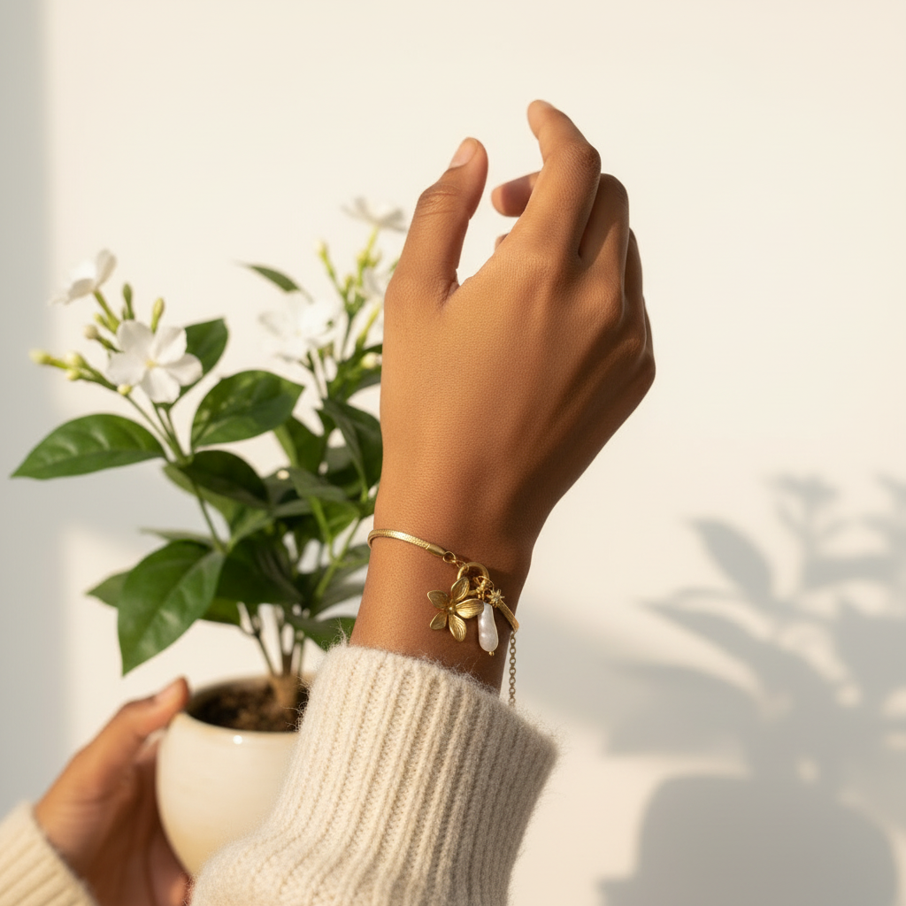 Gold Blossom & Pearl Bracelet styled flat lay with botanical greenery
