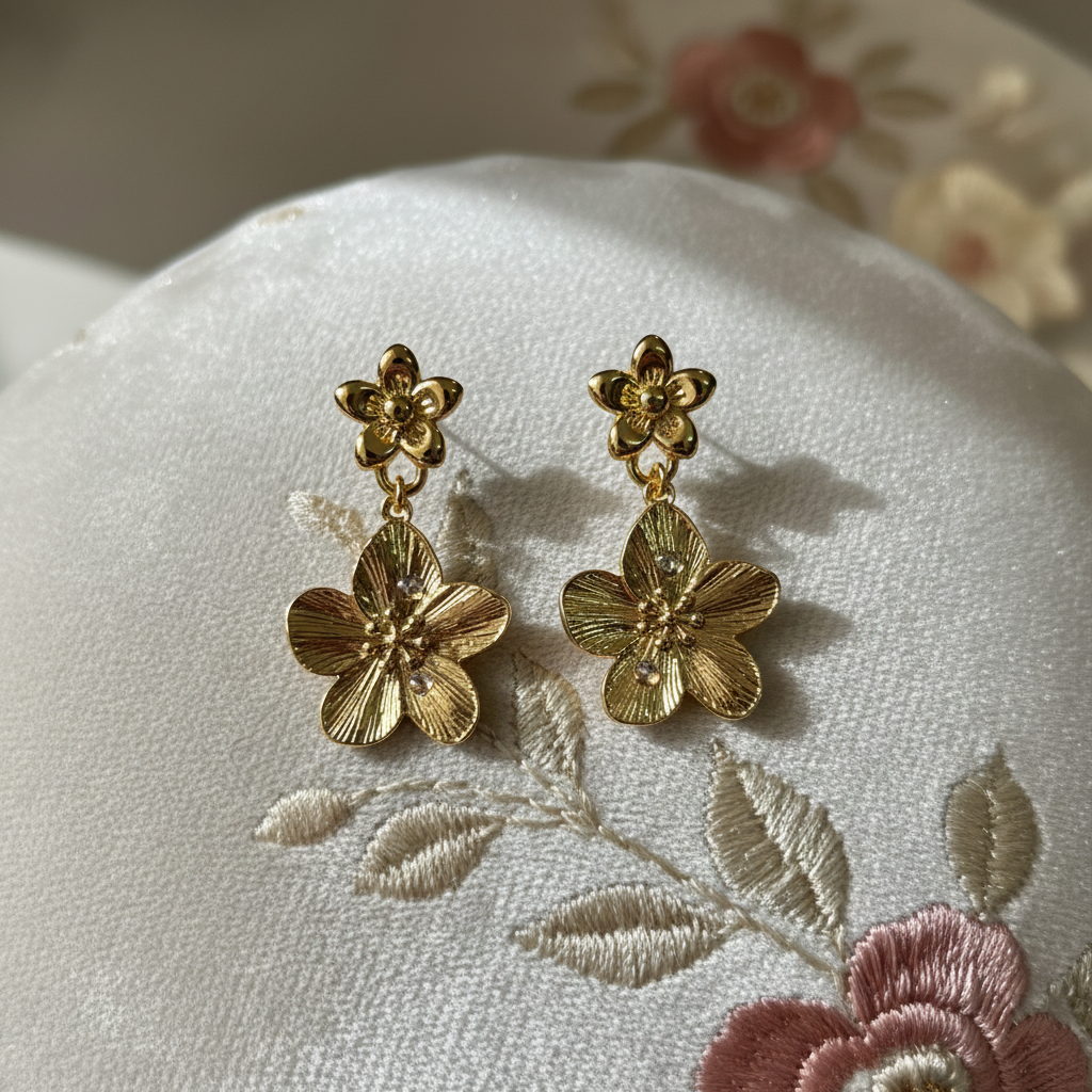 Golden Bloom Drop Earrings both as a pair — waterproof gold drop earrings India — SIOBHÁN