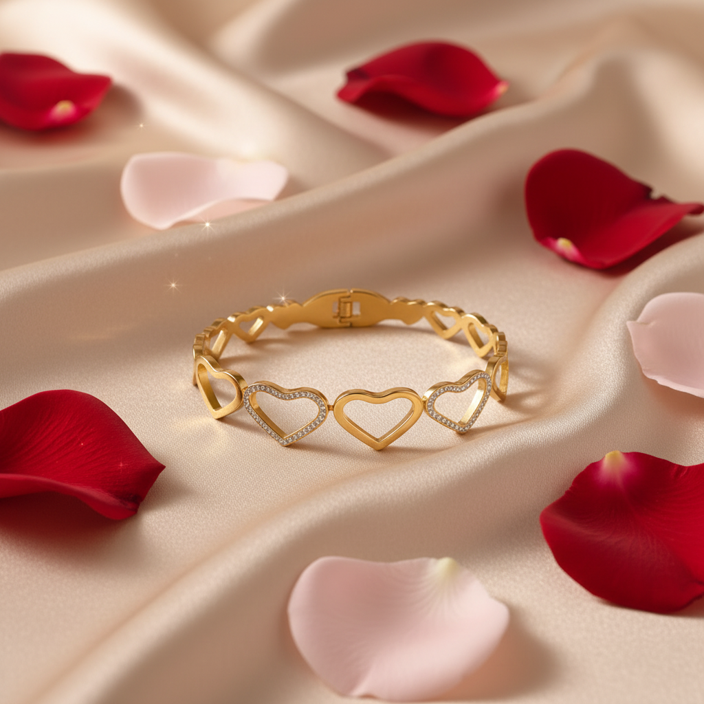 Eternal Hearts Crystal Bangle styled product shot — anti-tarnish crystal bangle India — SIOBHÁN