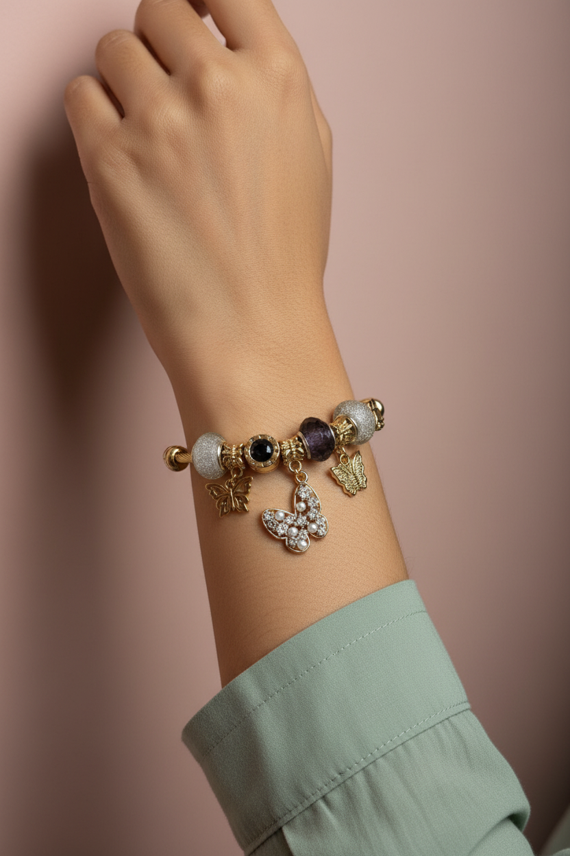Golden Butterfly Charm Cuff Bangle Indian GenZ wrist shot — waterproof gold bangle India — SIOBHÁN