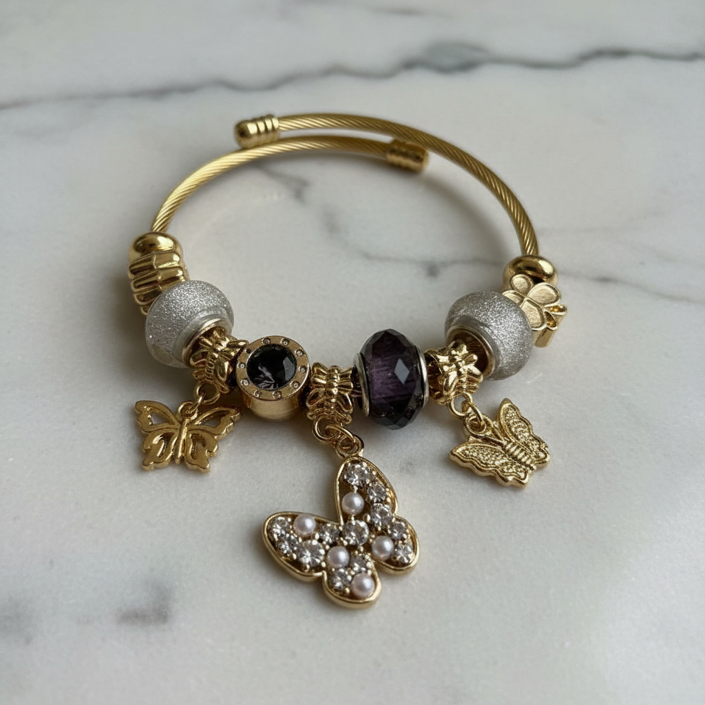 Golden Butterfly Charm Cuff Bangle marble macro shot — anti-tarnish gold bangle India — SIOBHÁN