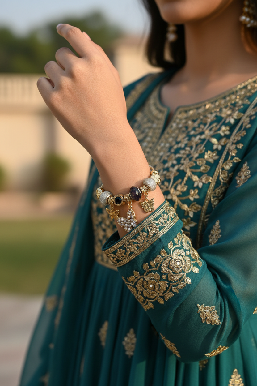 Golden Butterfly Charm Cuff Bangle with teal anarkali — anti-tarnish butterfly bangle India — SIOBHÁN