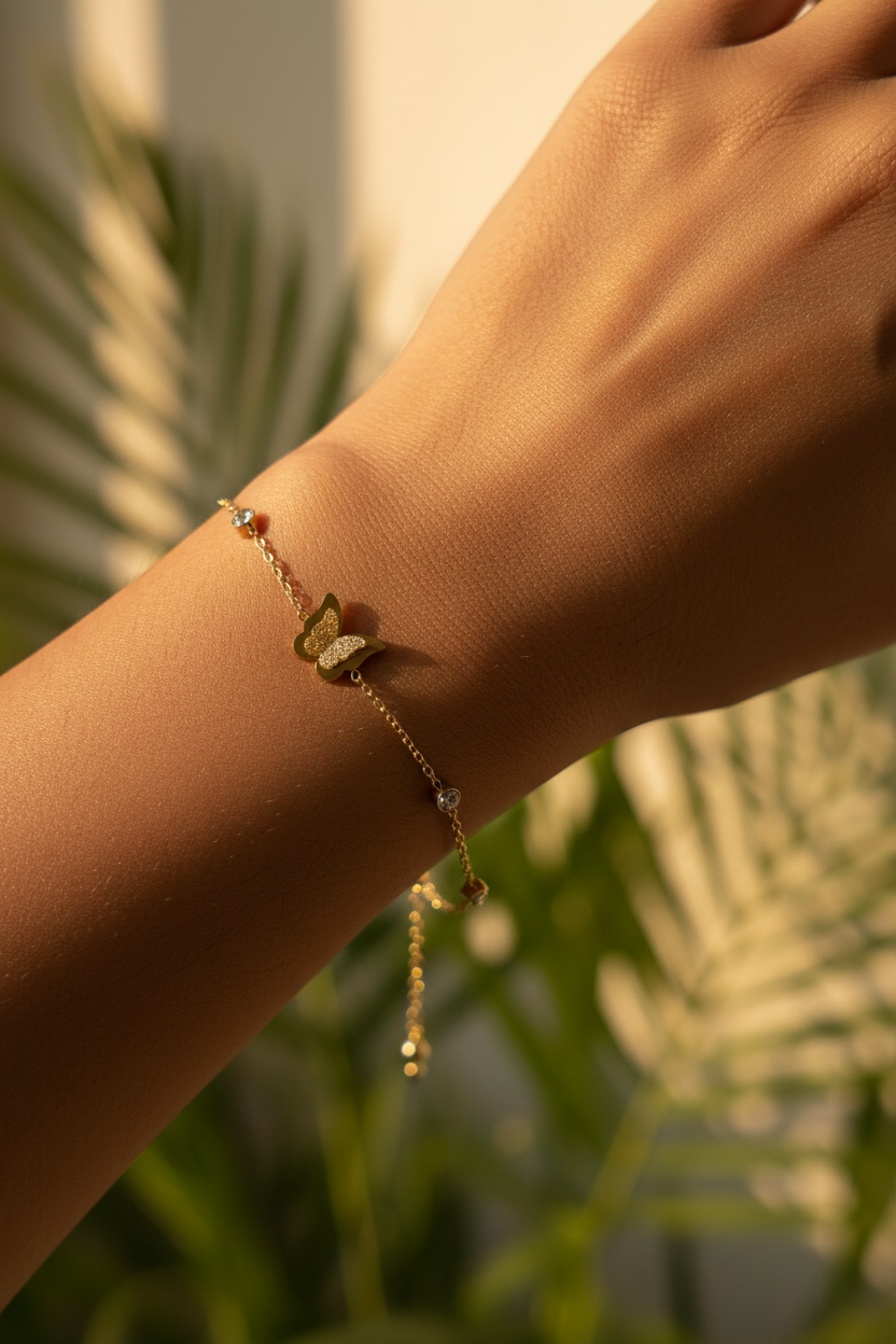 Gold Butterfly Charm Bracelet with Crystal Beads