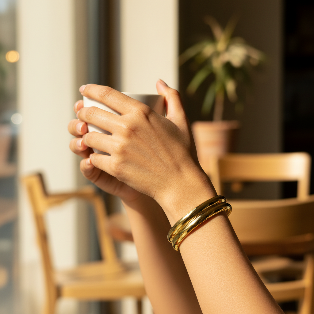 Double Layer Cambered Cuff Bracelet café close-up coffee cup — waterproof gold bracelet India — SIOBHÁN