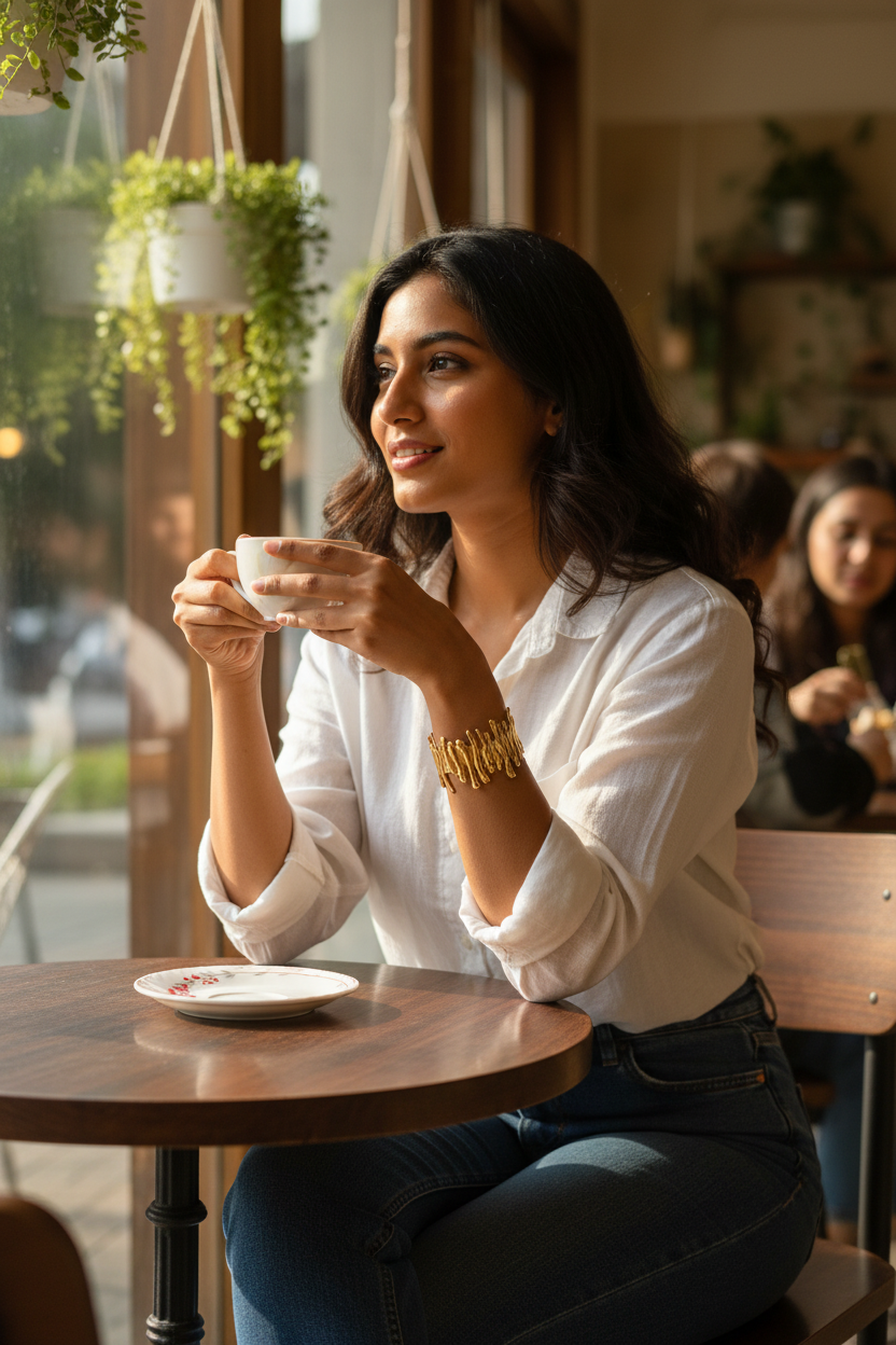 The Molten Cuff café portrait lifestyle — skin-safe gold cuff India — SIOBHÁN
