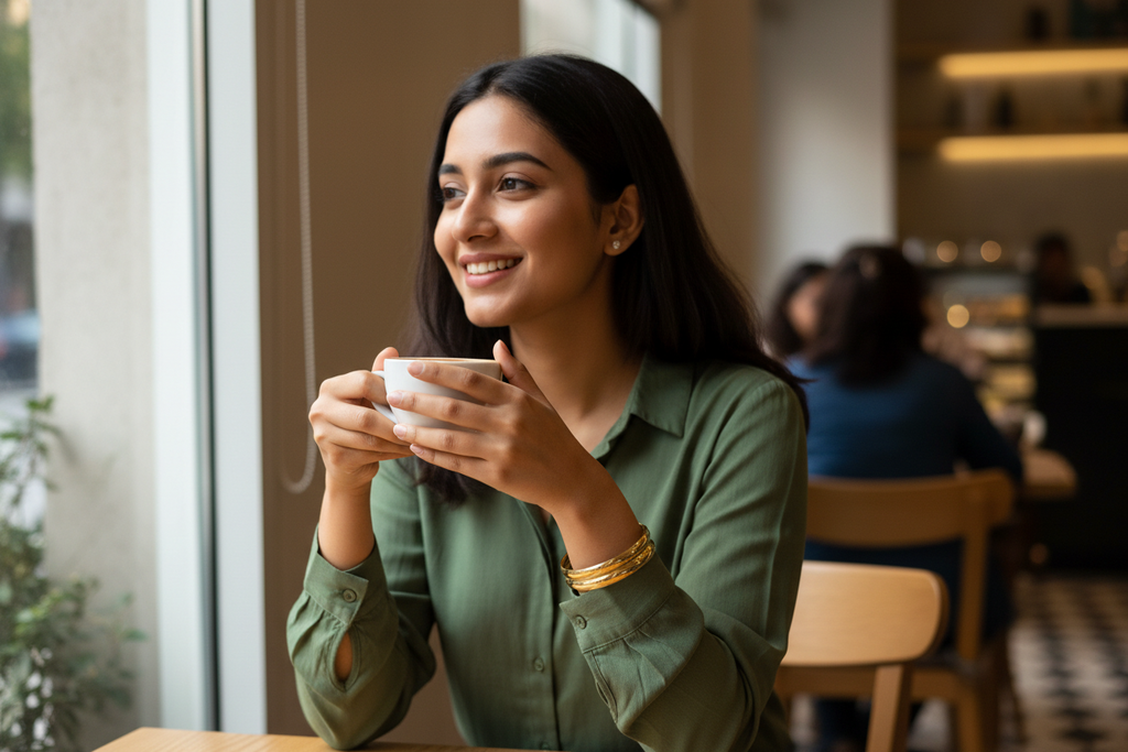 Double Layer Cambered Cuff Bracelet café moment lifestyle — anti-tarnish cuff bracelet India — SIOBHÁN