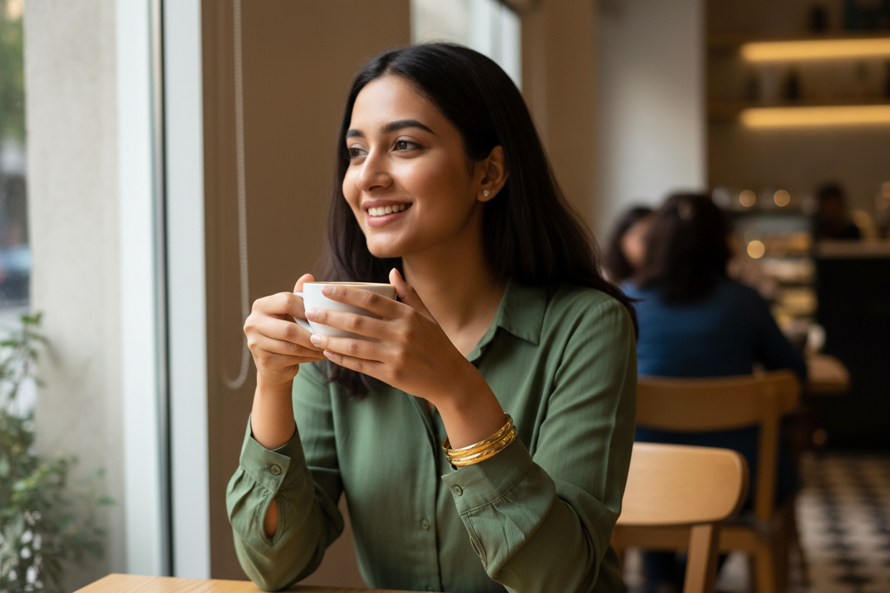 Double Layer Cambered Cuff Bracelet café moment lifestyle — anti-tarnish cuff bracelet India — SIOBHÁN
