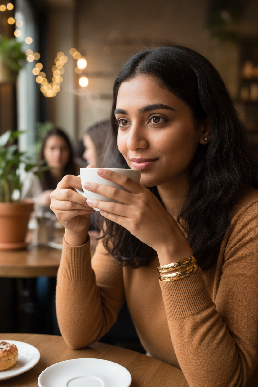 Double Band Gold Cuff Bracelet café lifestyle close-up — anti-tarnish cuff bracelet India — SIOBHÁN